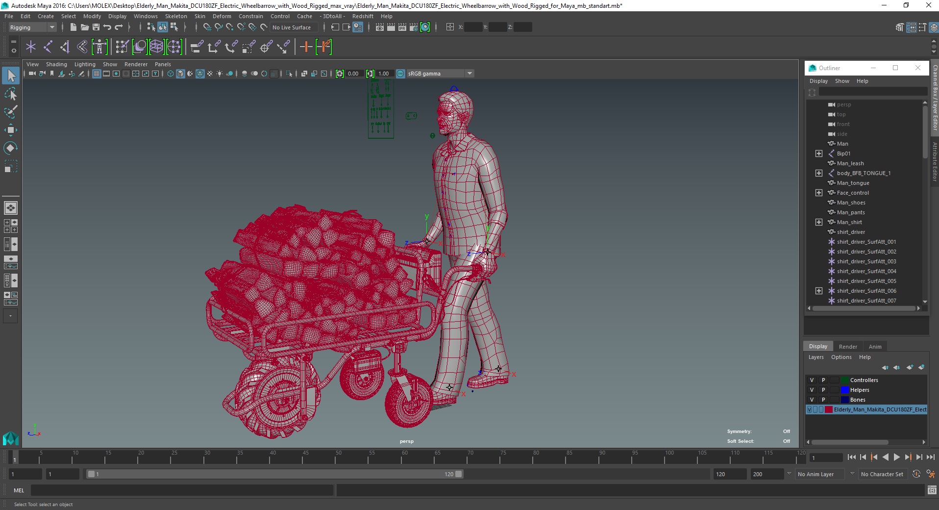 3D model Elderly Man Makita DCU180ZF Electric Wheelbarrow with Wood Rigged