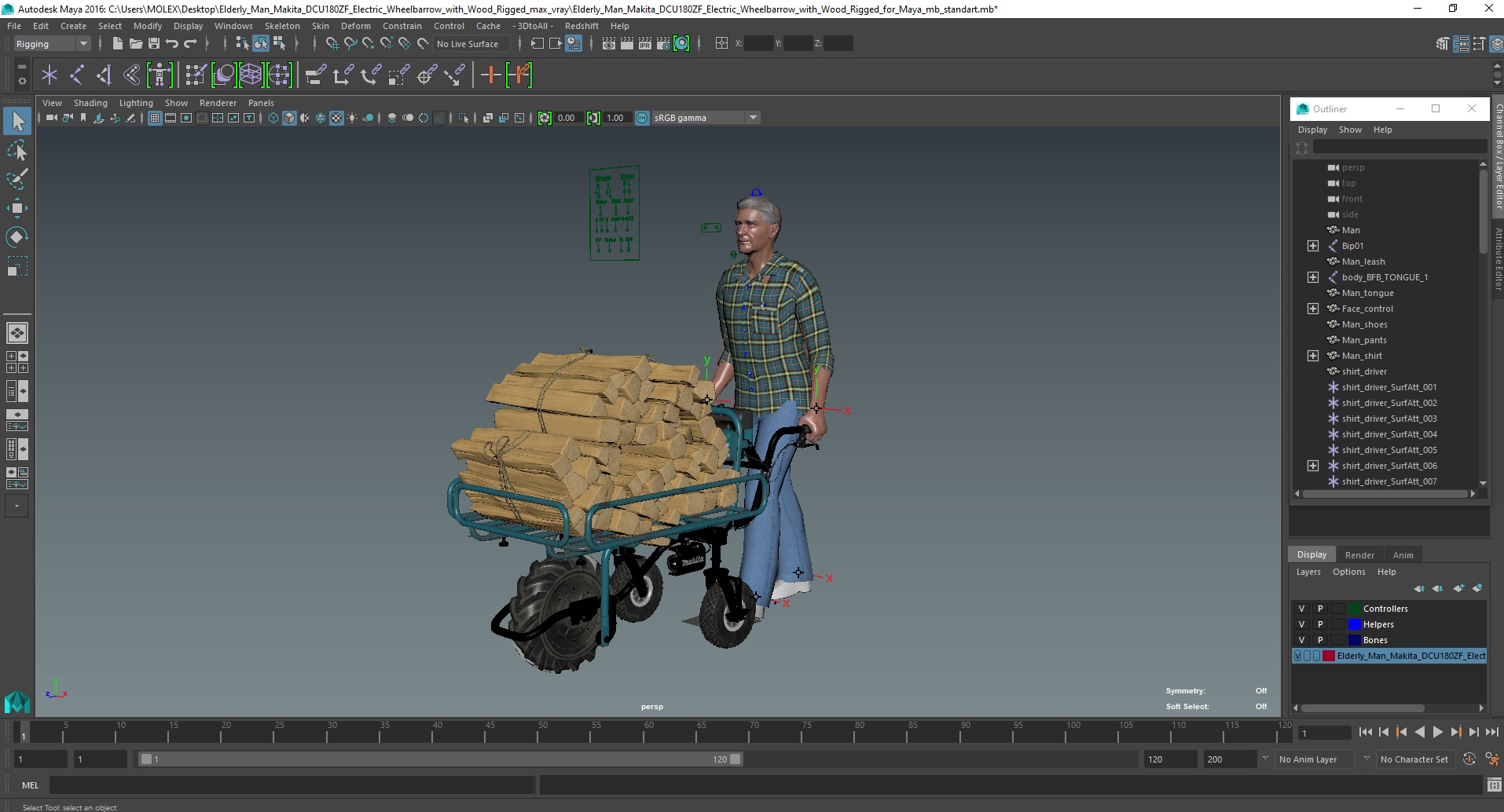 3D model Elderly Man Makita DCU180ZF Electric Wheelbarrow with Wood Rigged