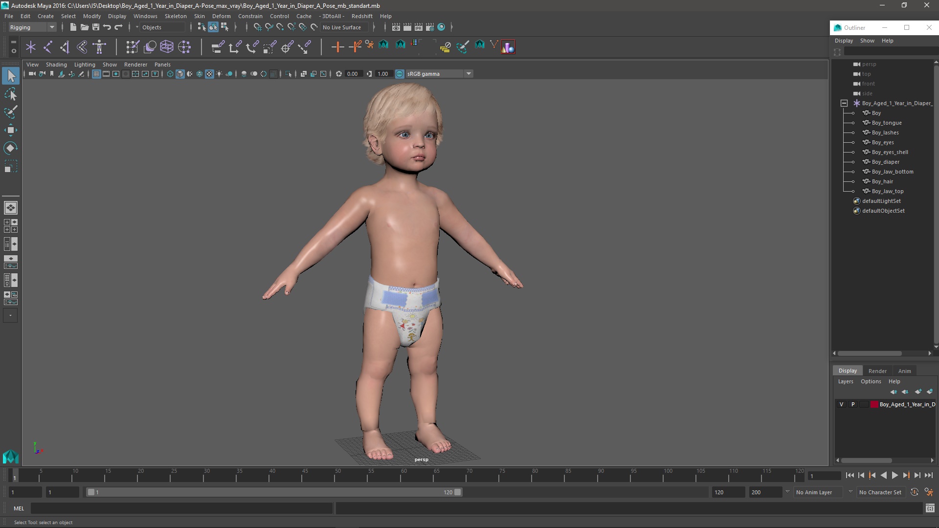 Boy Aged 1 Year in Diaper A-Pose 3D