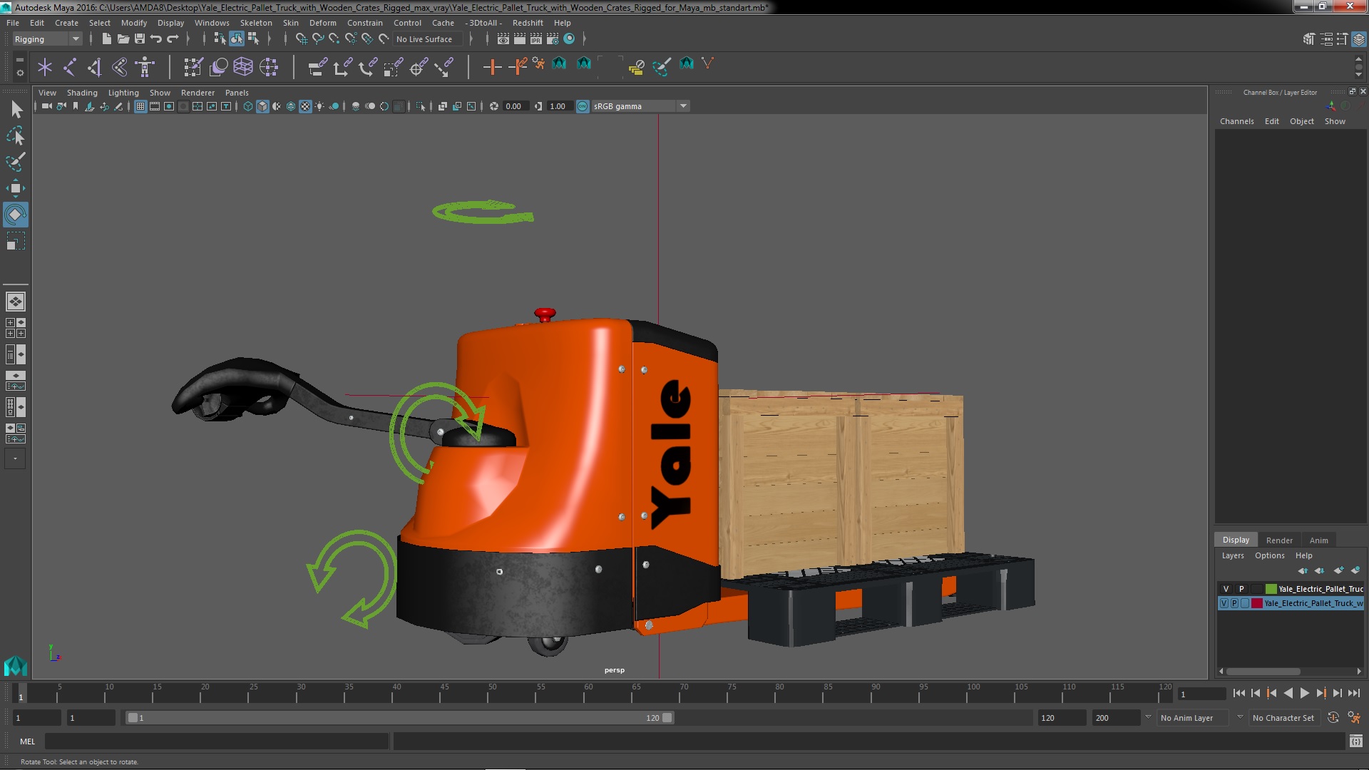 3D Yale Electric Pallet Truck with Wooden Crates Rigged for Maya