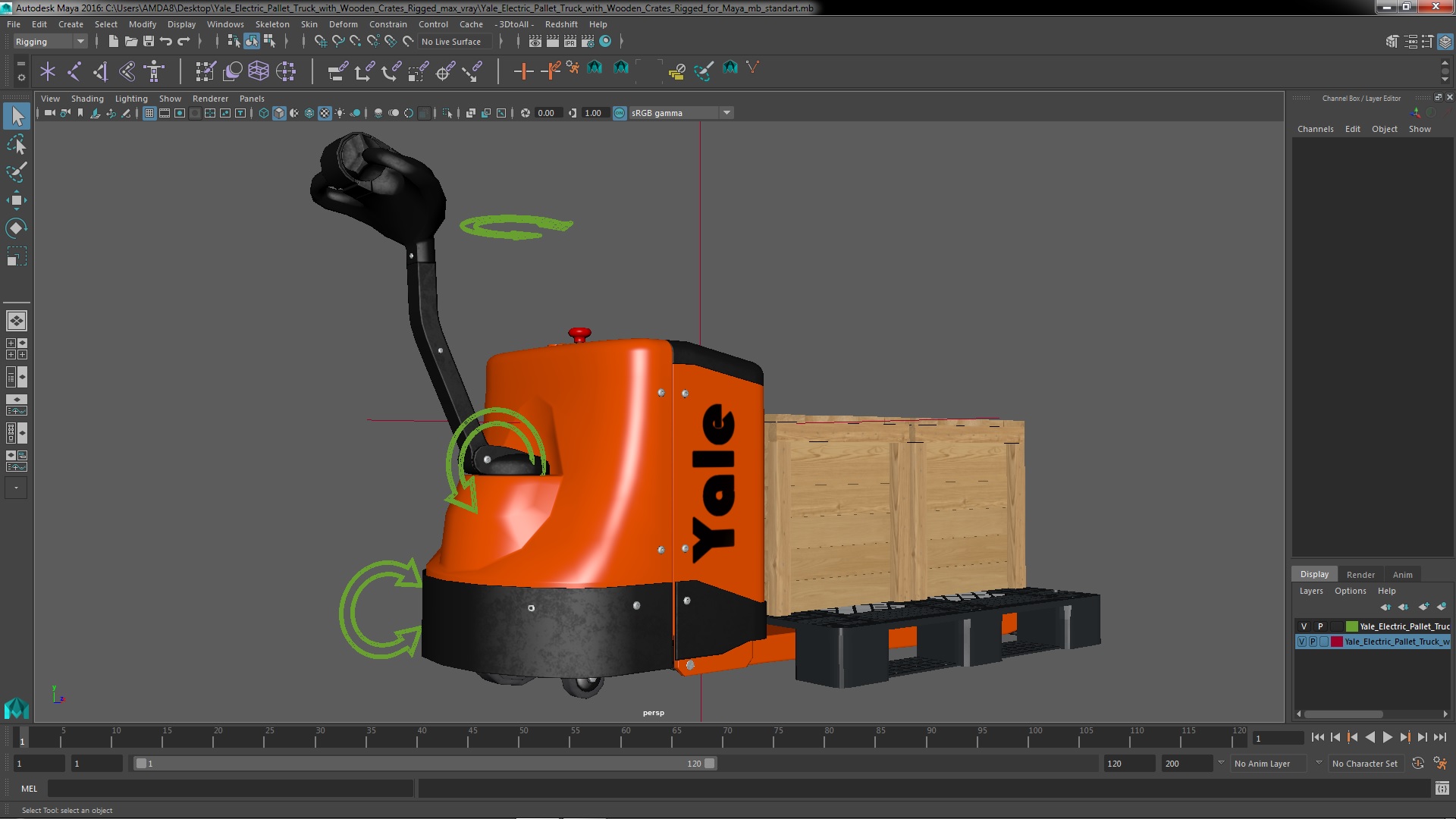 3D Yale Electric Pallet Truck with Wooden Crates Rigged for Maya