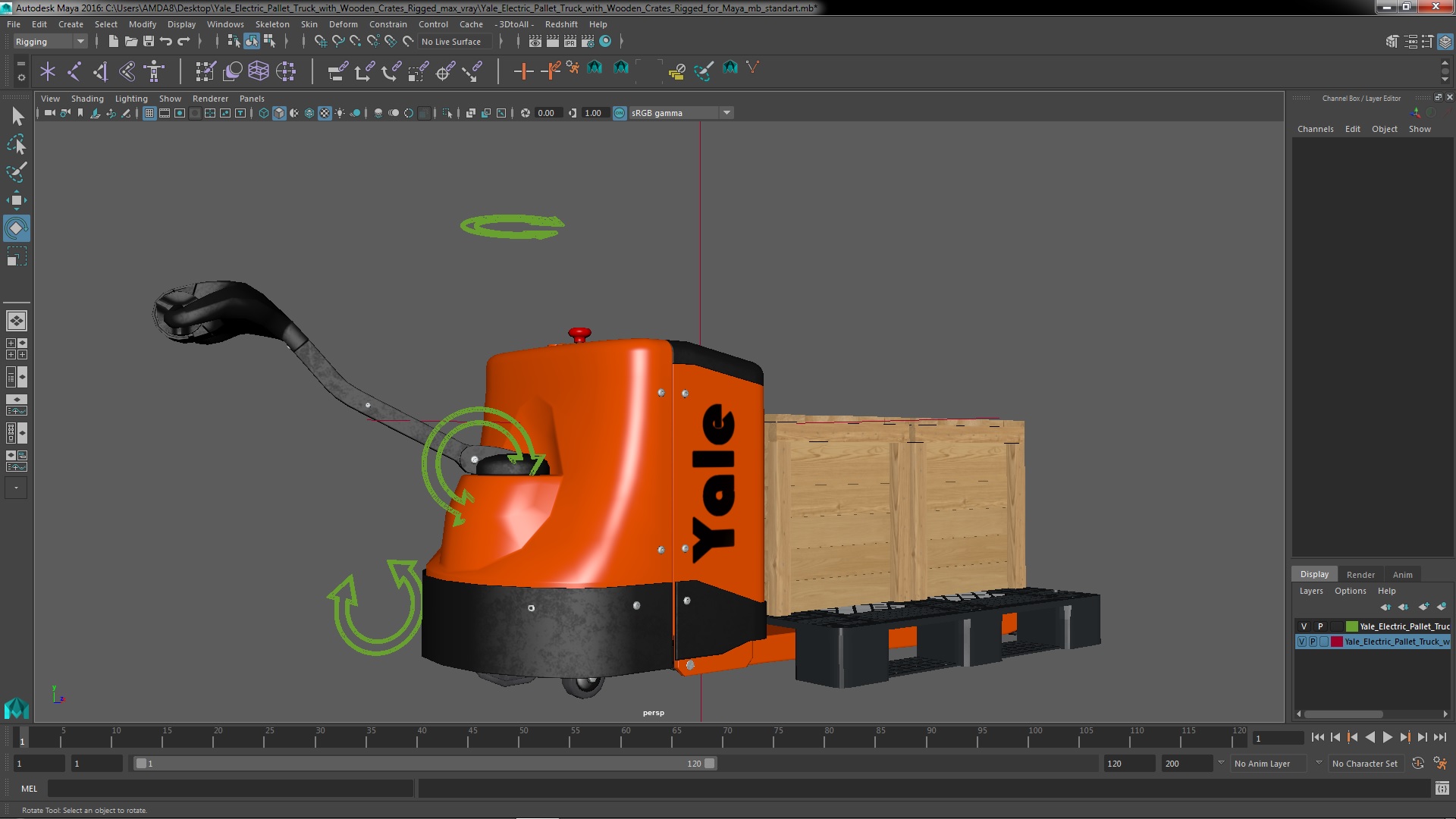 3D Yale Electric Pallet Truck with Wooden Crates Rigged for Maya