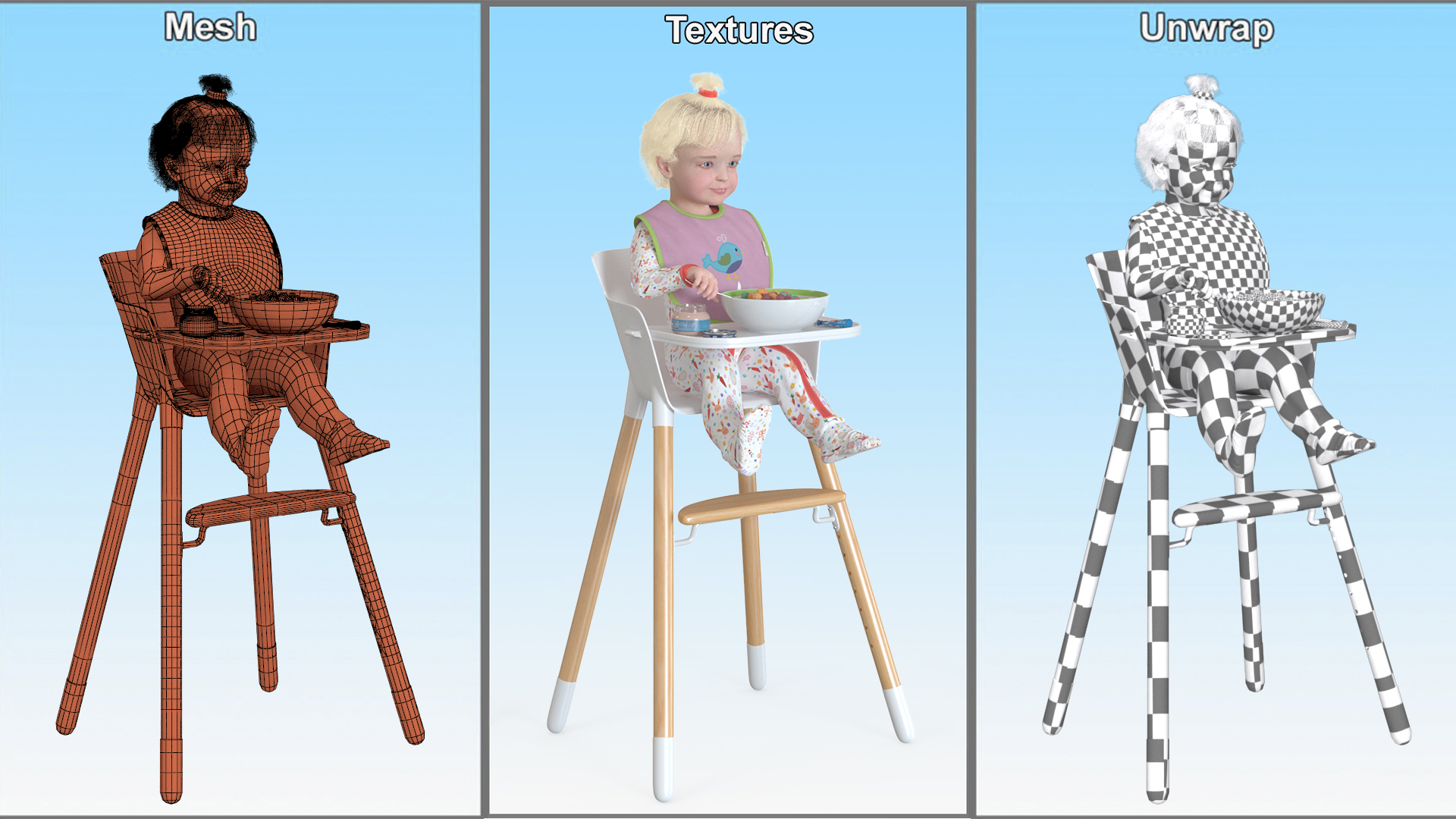 Little Girl Eating in High Chair 3D