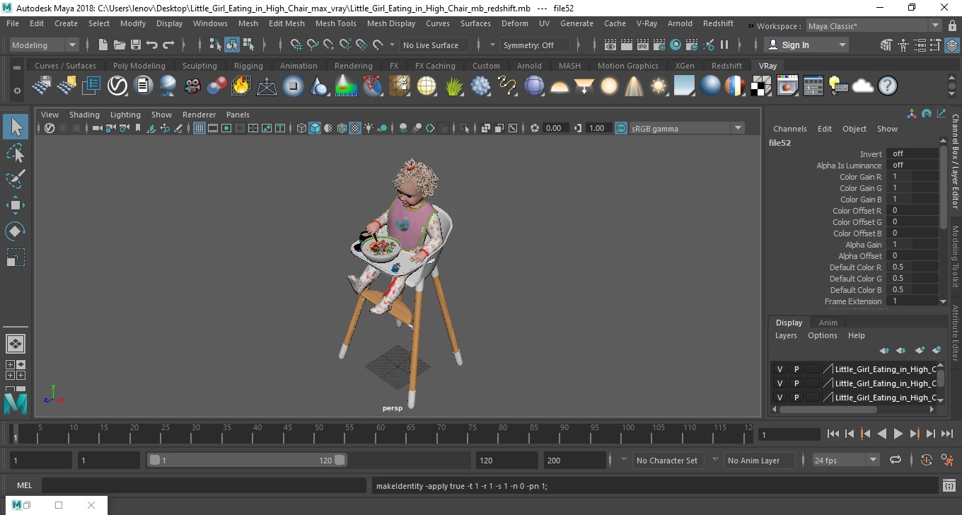 Little Girl Eating in High Chair 3D
