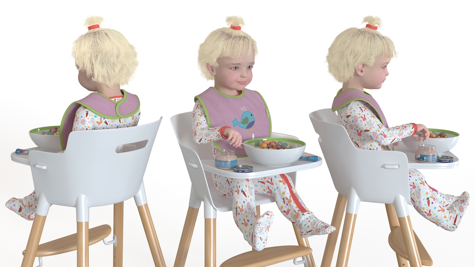Little Girl Eating in High Chair 3D