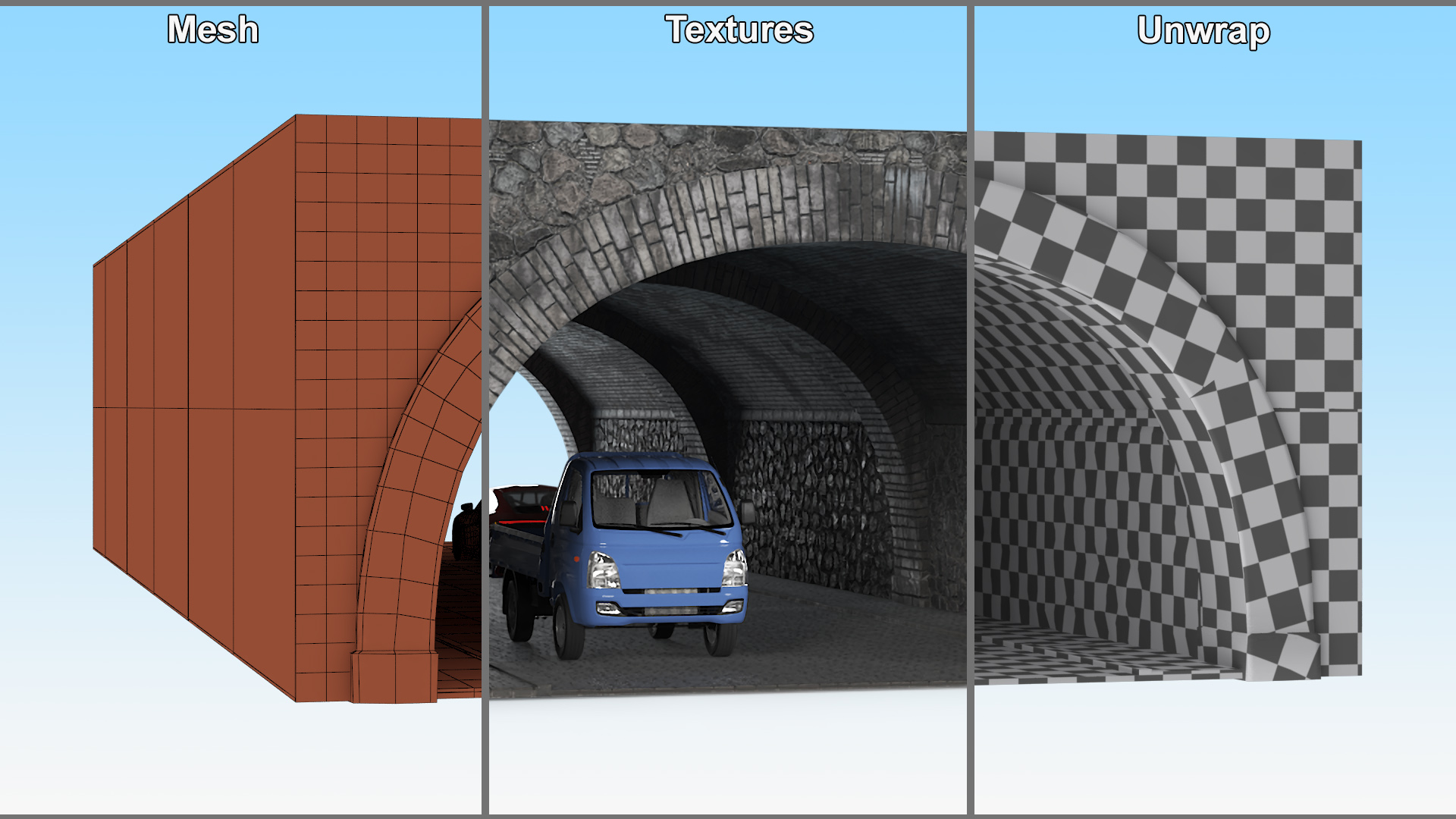 Town Road Stone Tunnel with Cars 3D