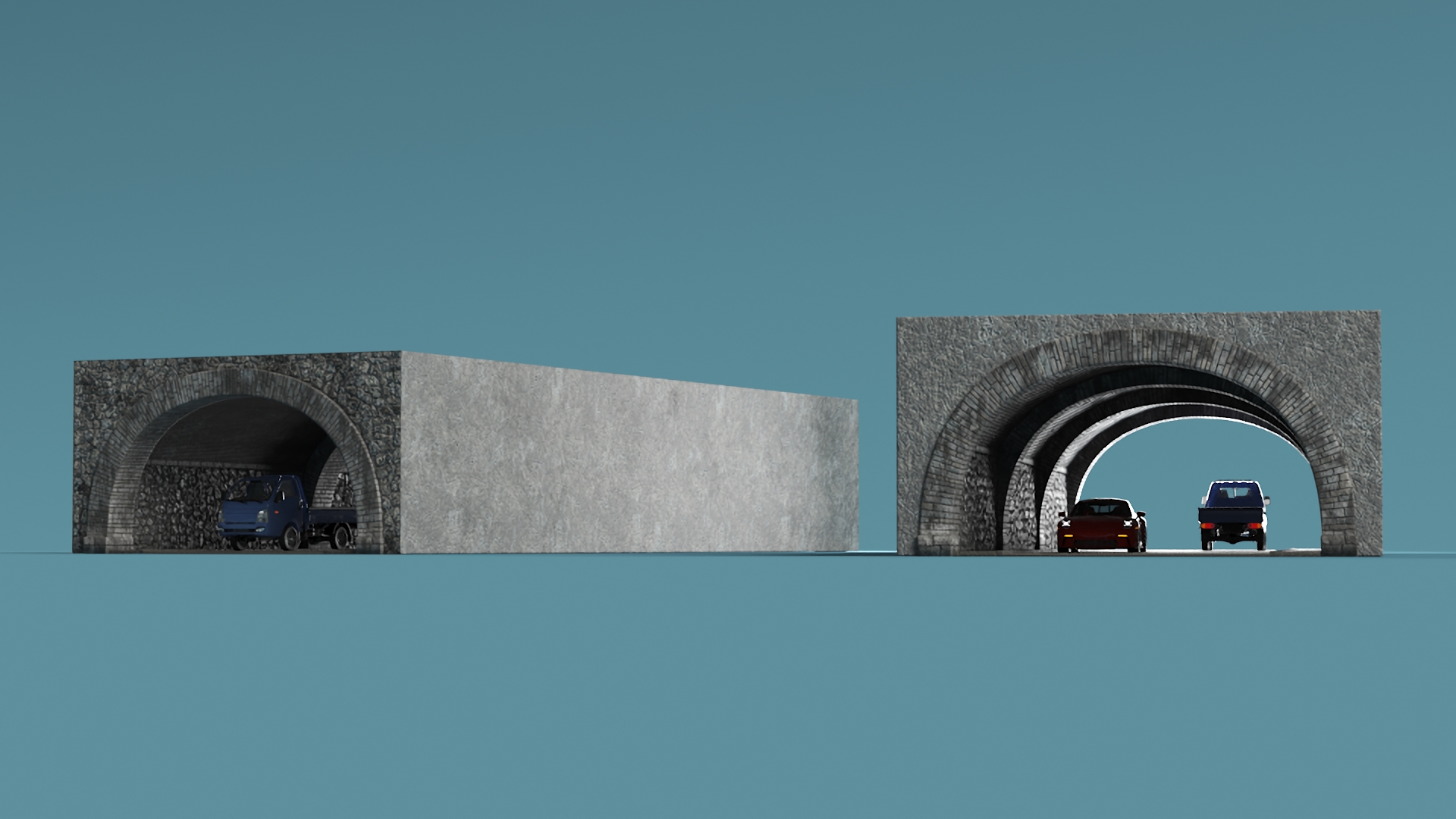 Town Road Stone Tunnel with Cars 3D