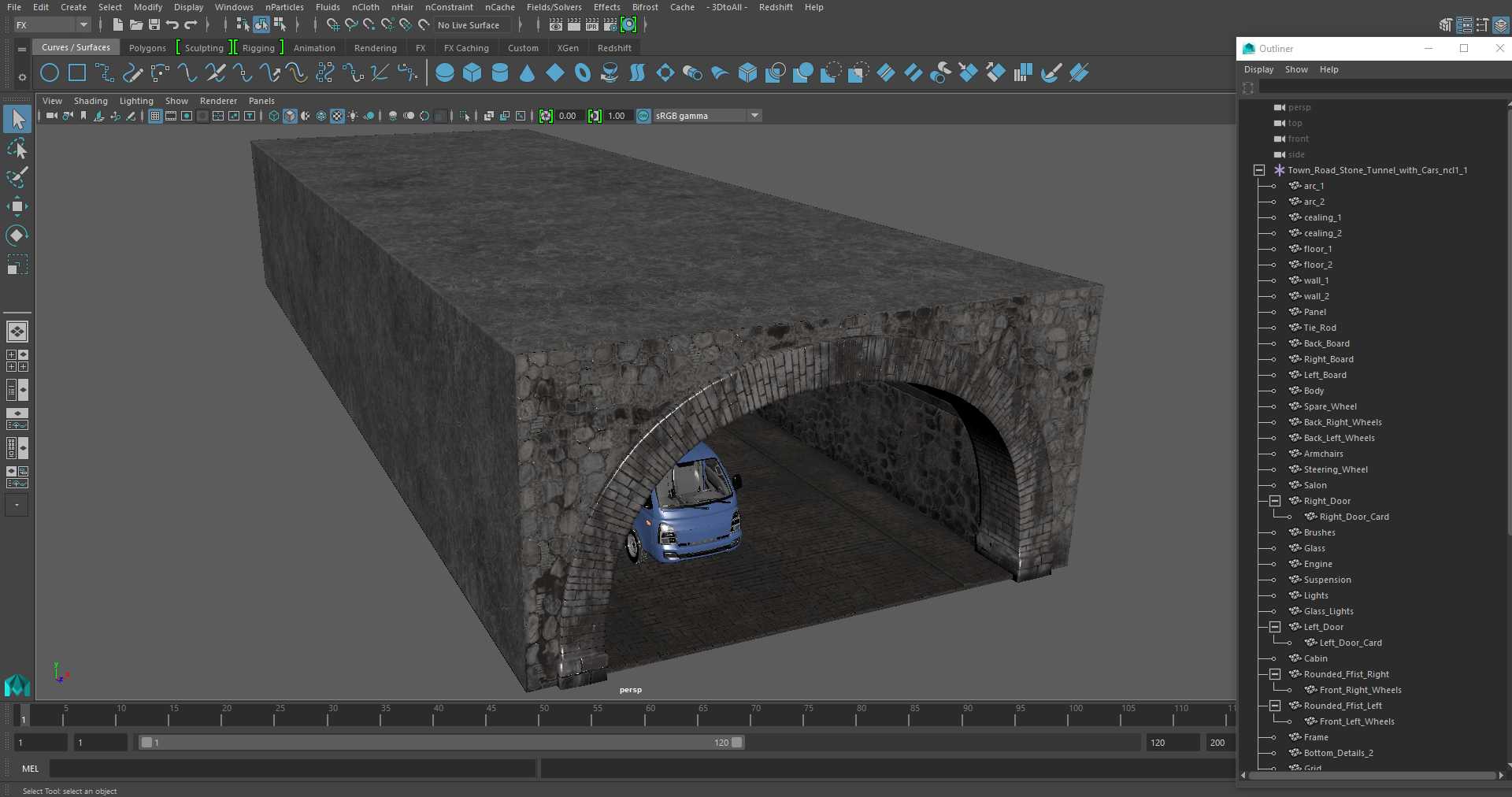 Town Road Stone Tunnel with Cars 3D