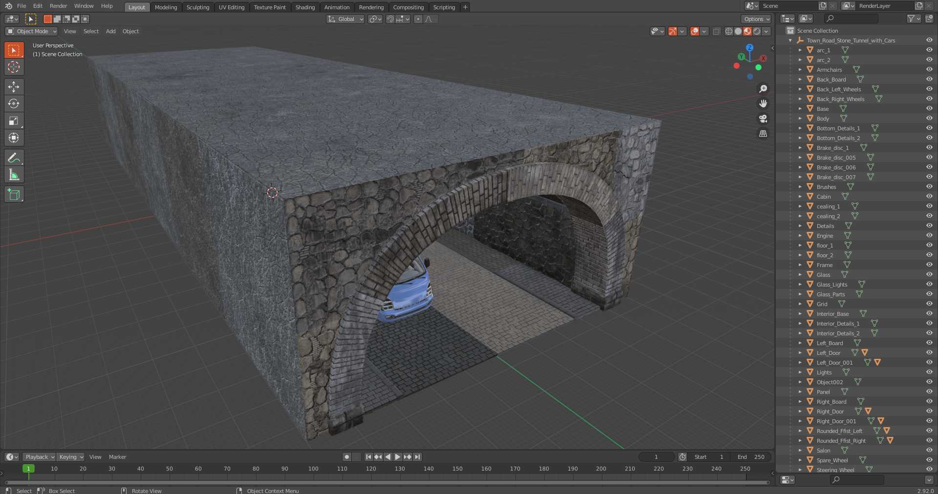 Town Road Stone Tunnel with Cars 3D