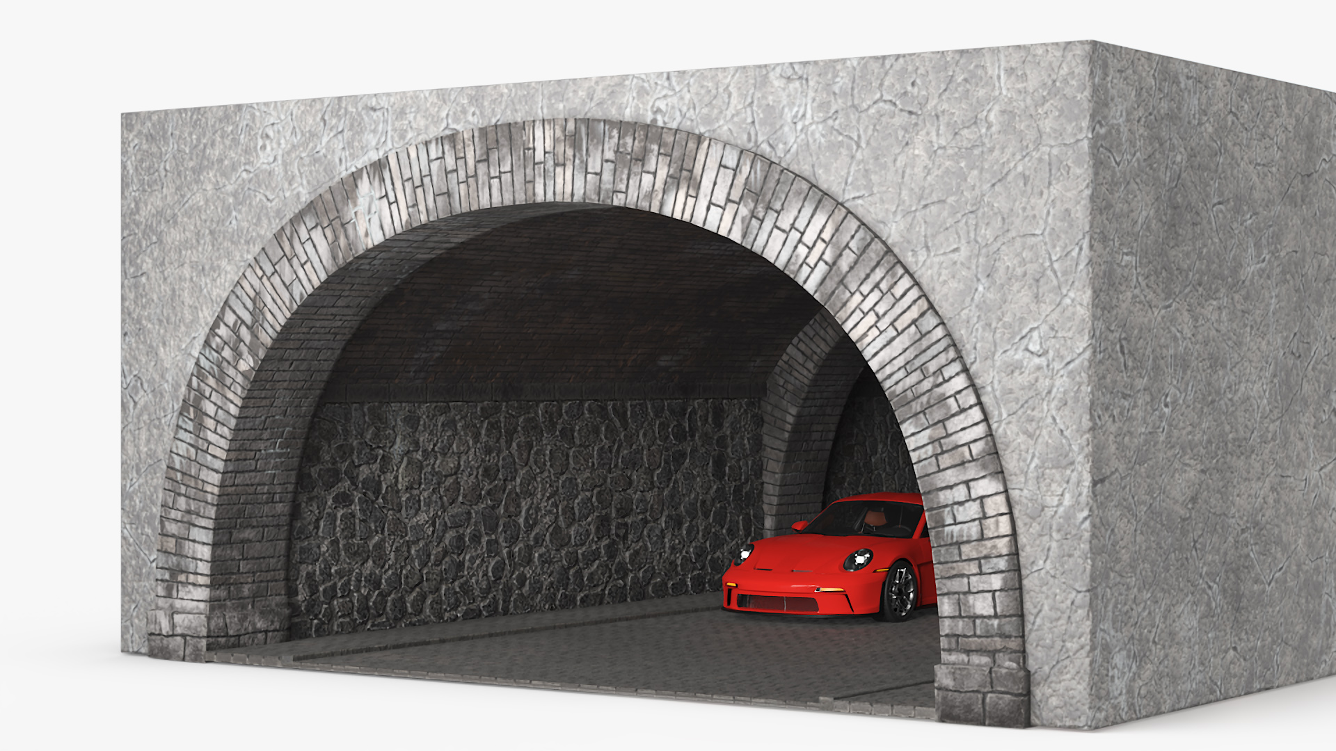 Town Road Stone Tunnel with Cars 3D