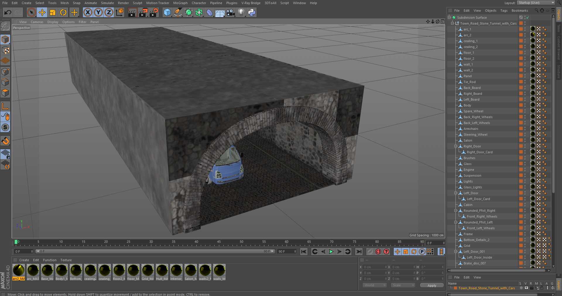 Town Road Stone Tunnel with Cars 3D
