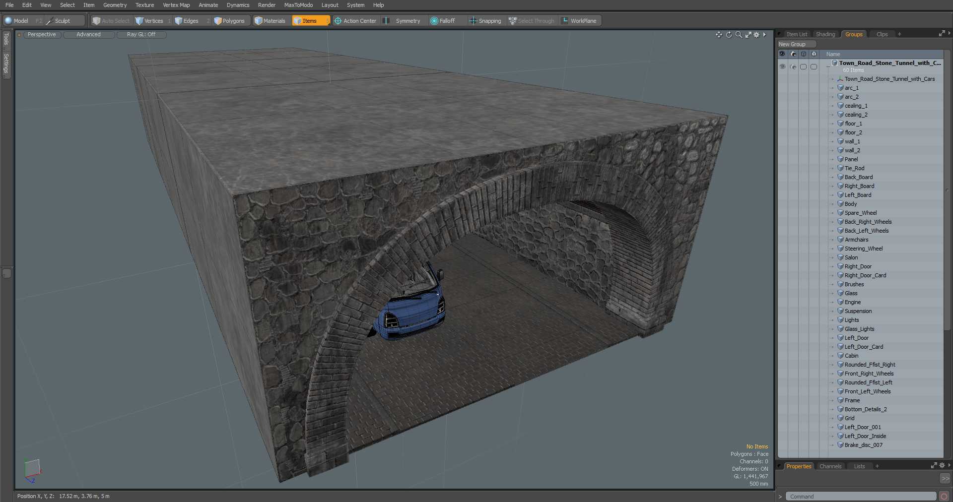 Town Road Stone Tunnel with Cars 3D
