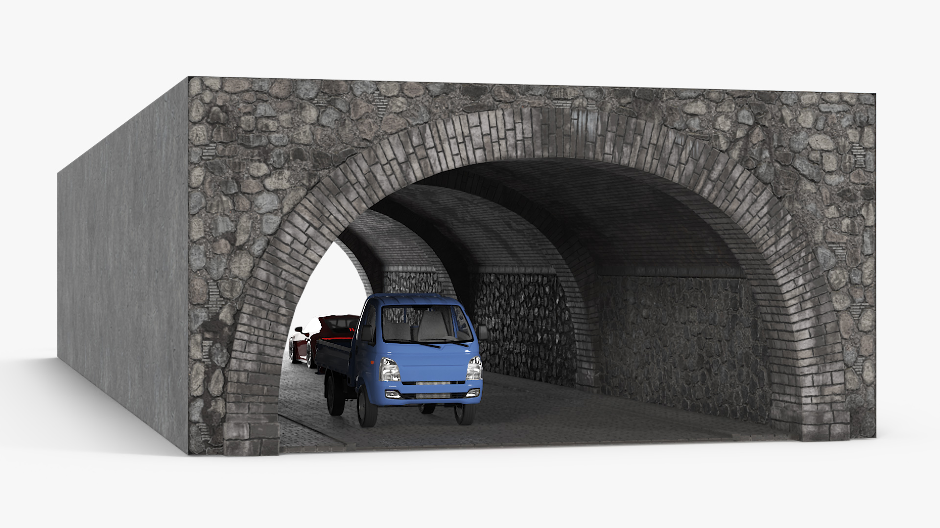 Town Road Stone Tunnel with Cars 3D