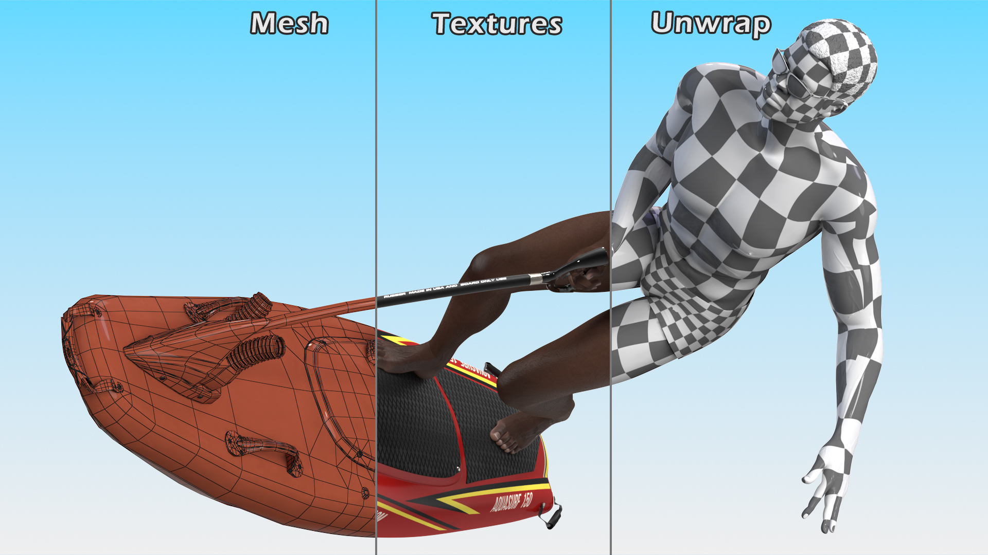3D model Afro American Man with Surftek Aquasurf Jet Surfboard Rigged