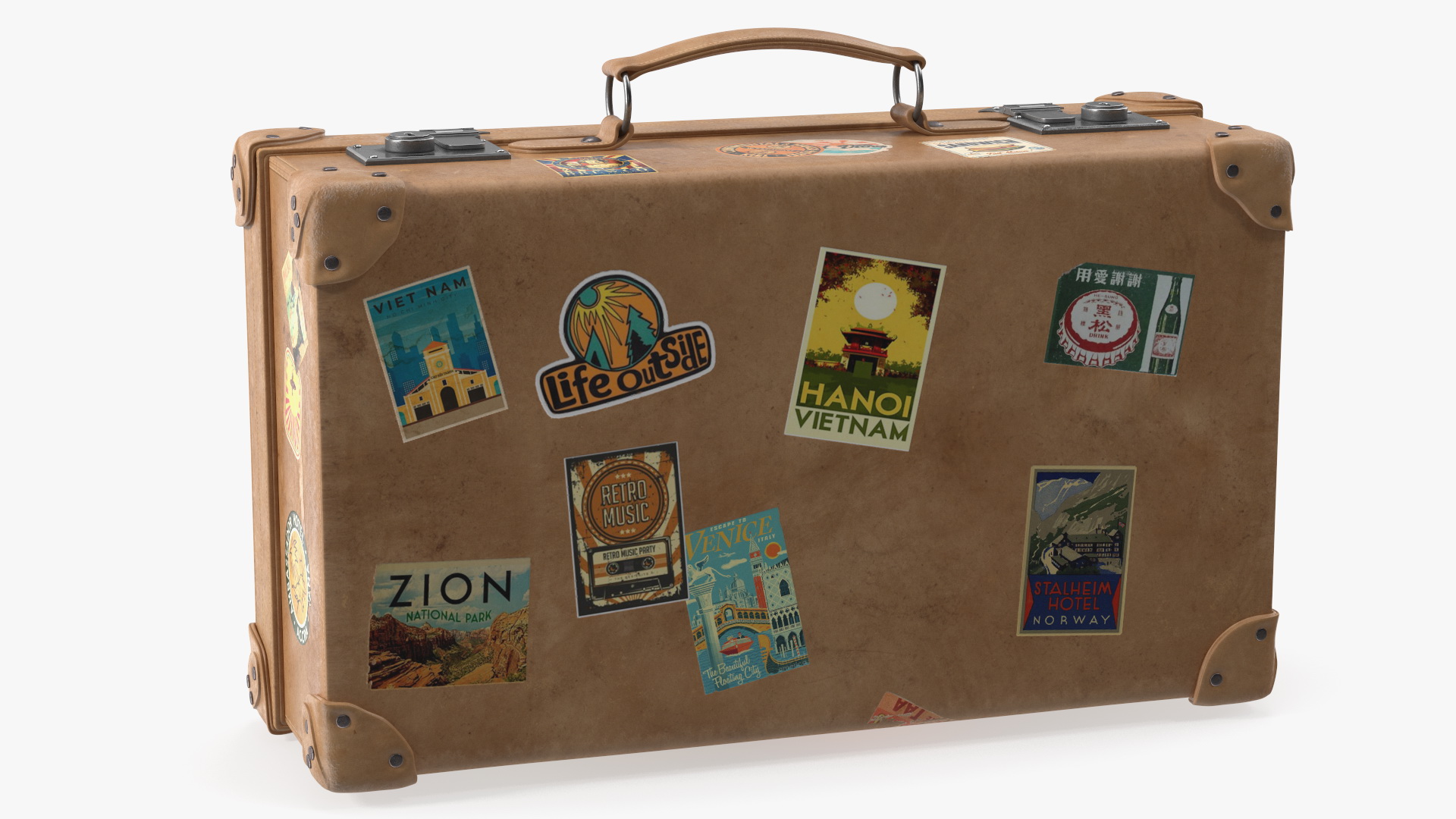 3D Vintage Leather Suitcase Small with Travel Stickers