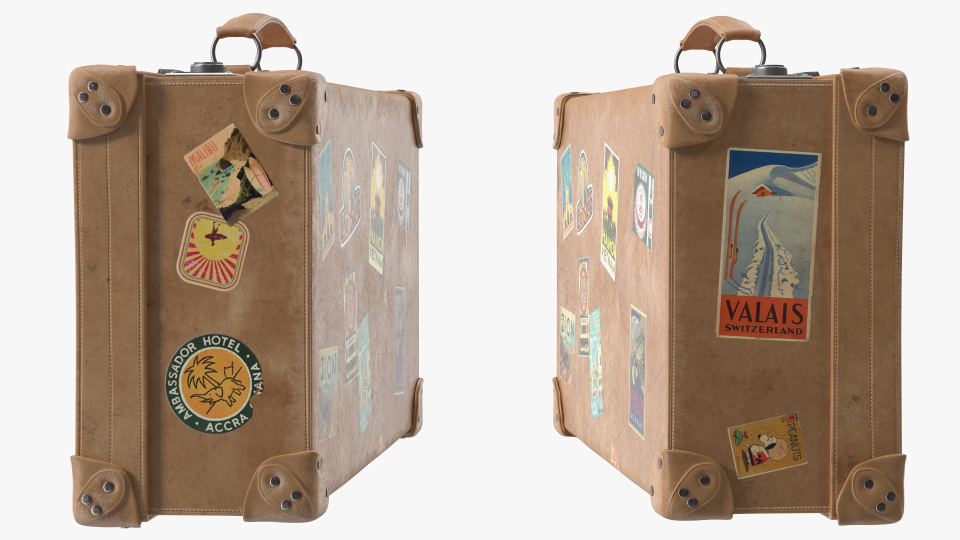 3D Vintage Leather Suitcase Small with Travel Stickers
