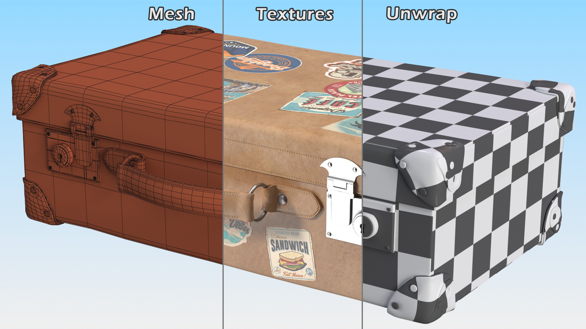 3D Vintage Leather Suitcase Small with Travel Stickers