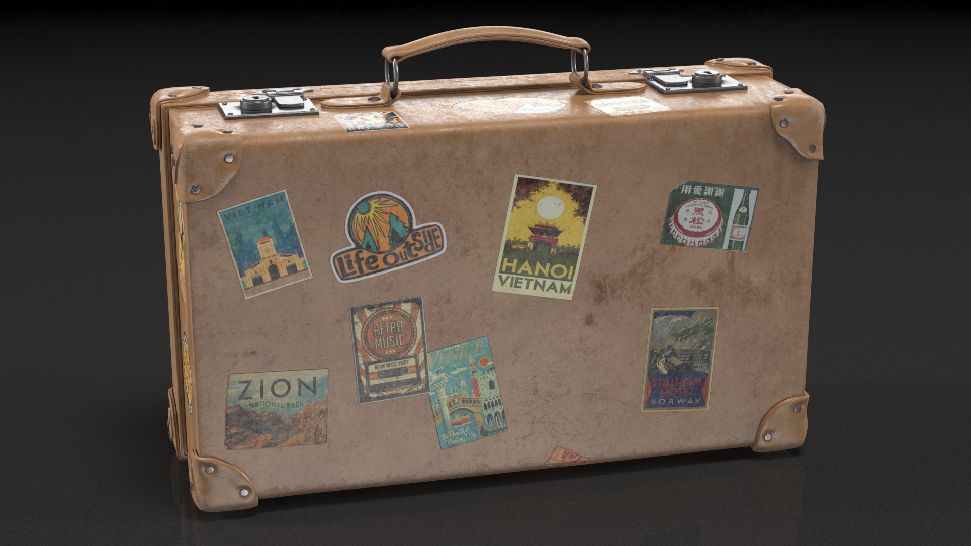 3D Vintage Leather Suitcase Small with Travel Stickers