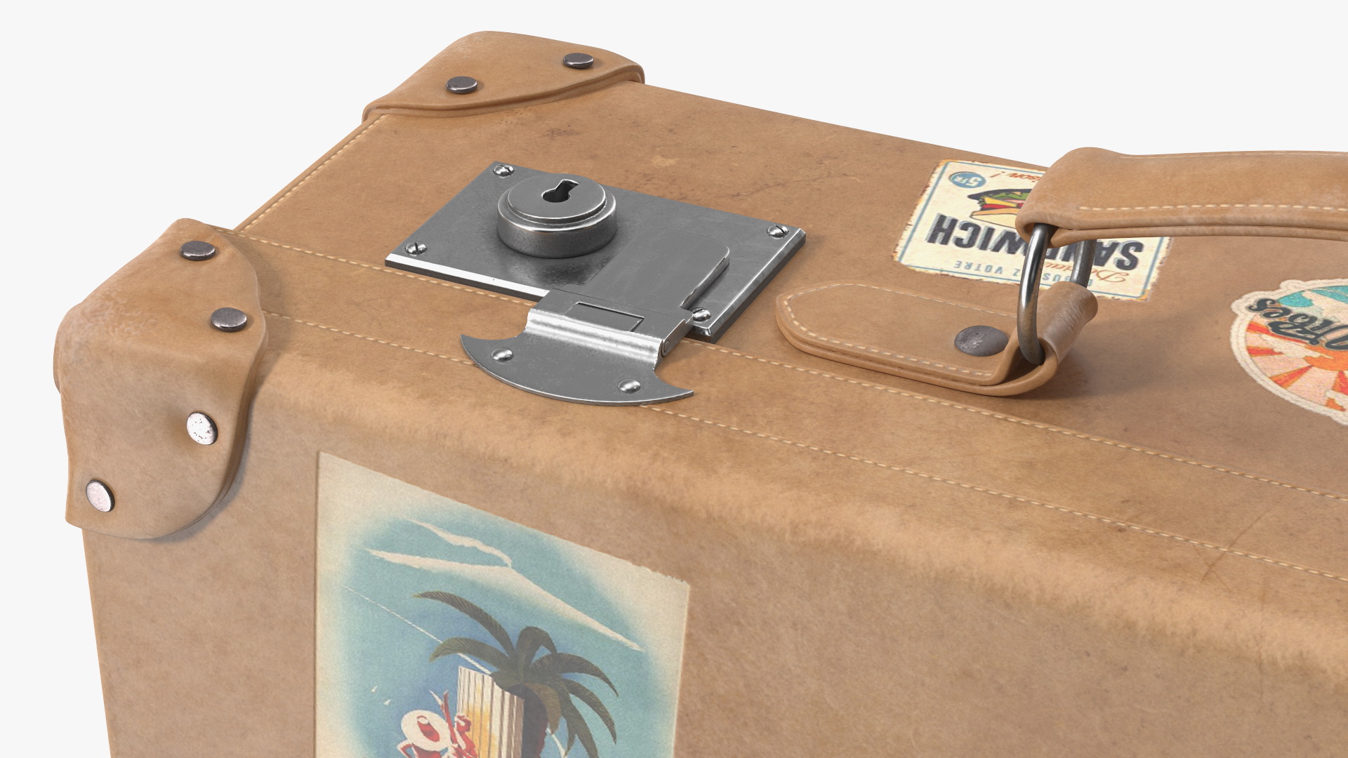 3D Vintage Leather Suitcase Small with Travel Stickers