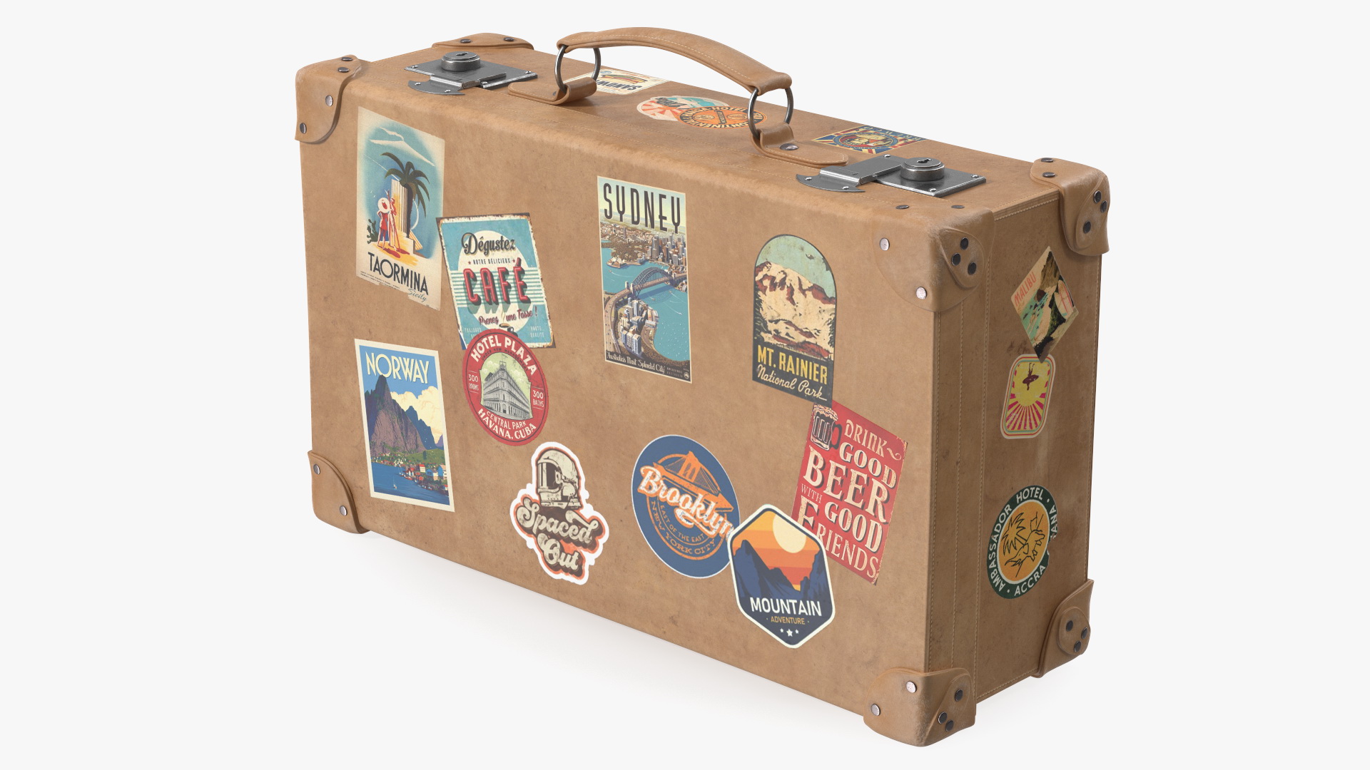 3D Vintage Leather Suitcase Small with Travel Stickers