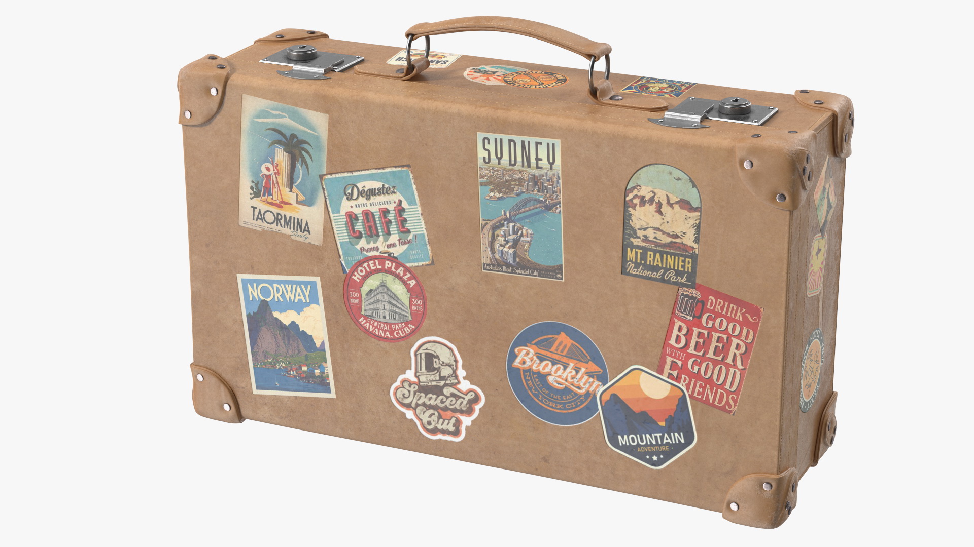 3D Vintage Leather Suitcase Small with Travel Stickers