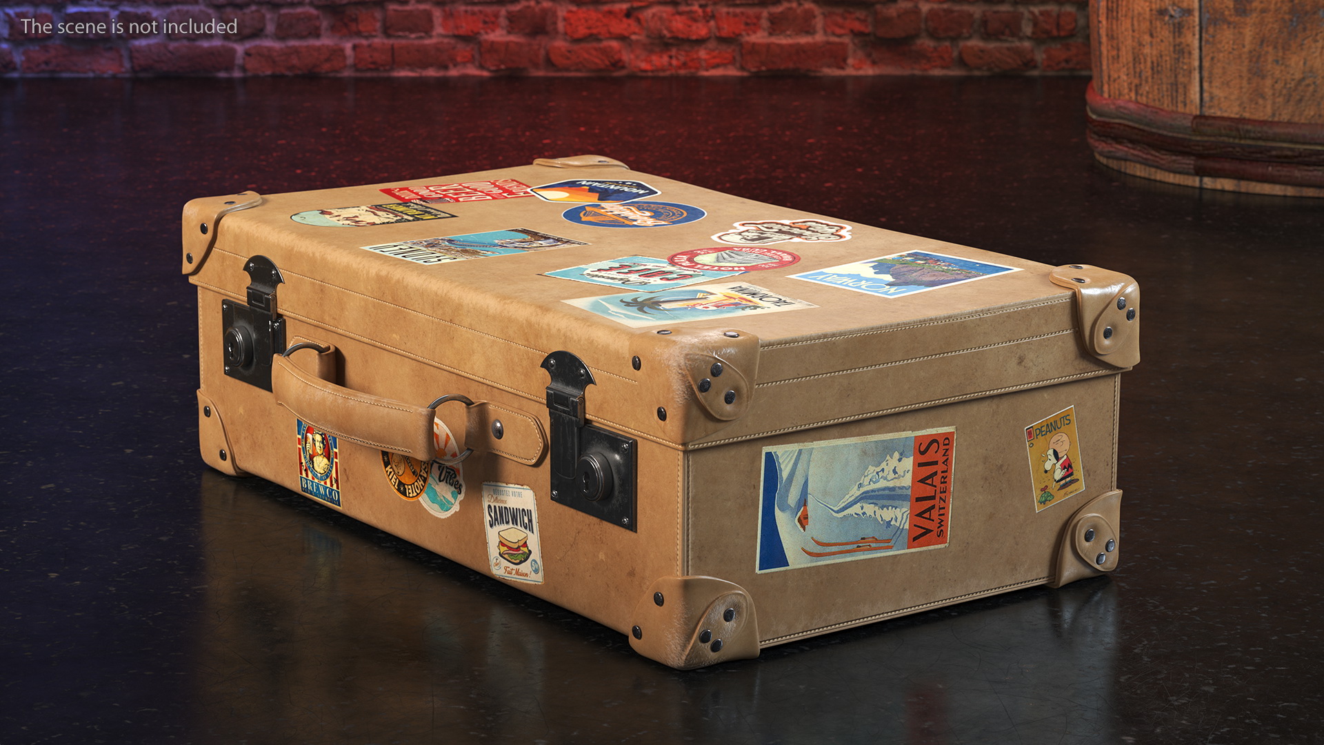 3D Vintage Leather Suitcase Small with Travel Stickers
