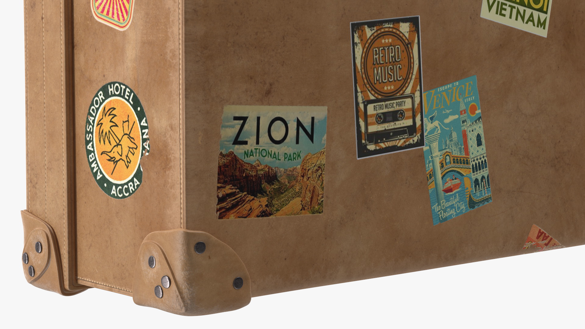 3D Vintage Leather Suitcase Small with Travel Stickers