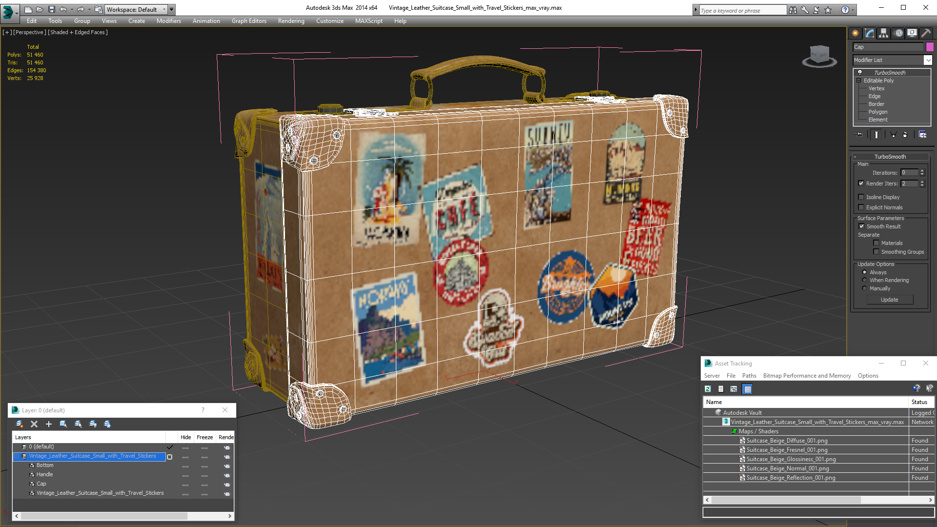 3D Vintage Leather Suitcase Small with Travel Stickers