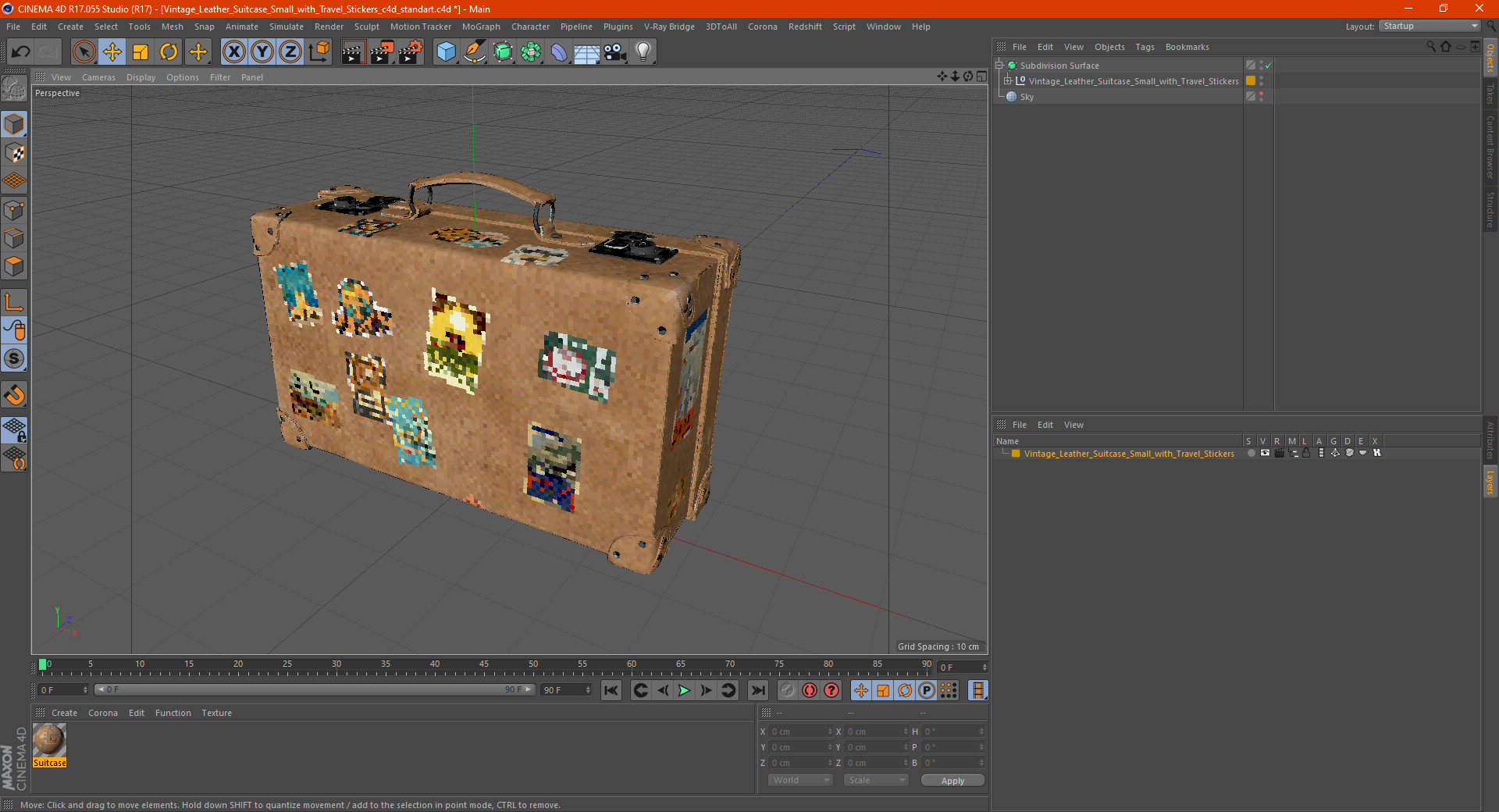 3D Vintage Leather Suitcase Small with Travel Stickers