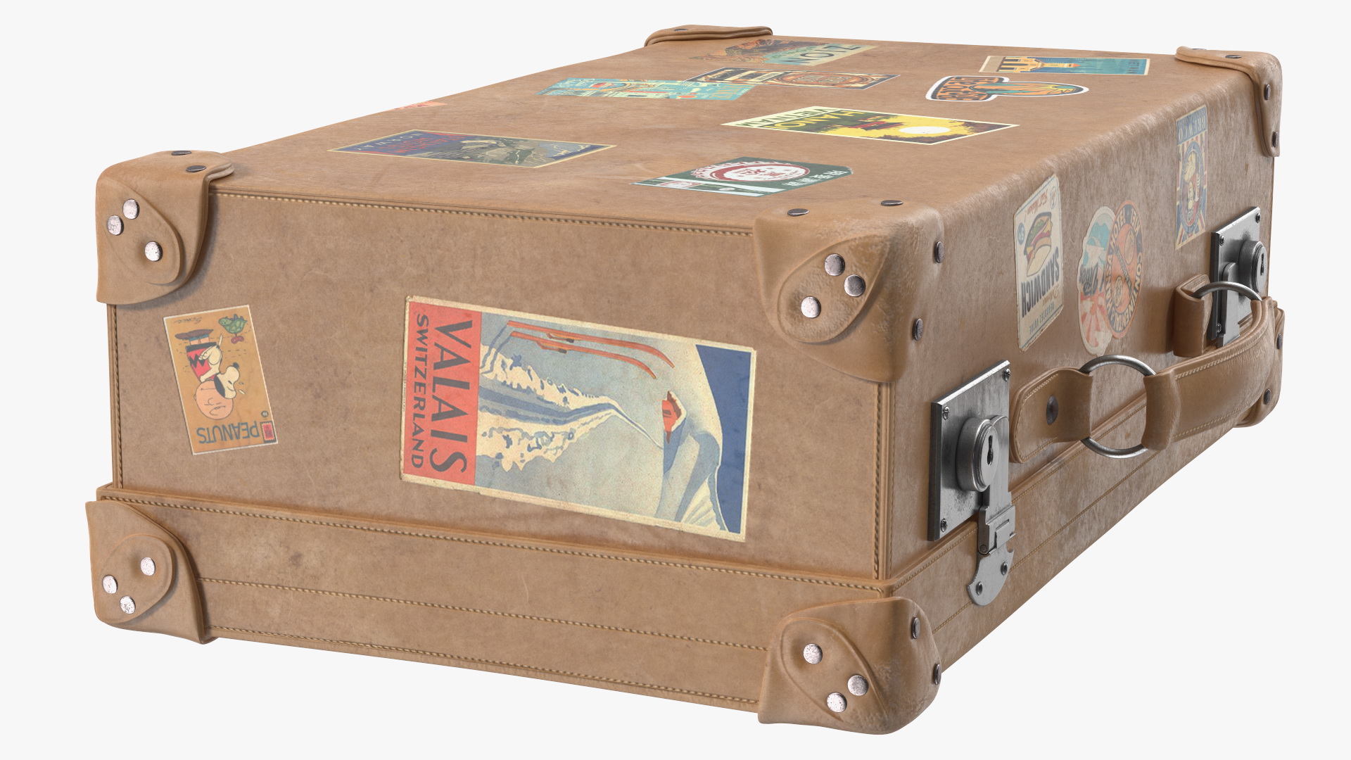 3D Vintage Leather Suitcase Small with Travel Stickers