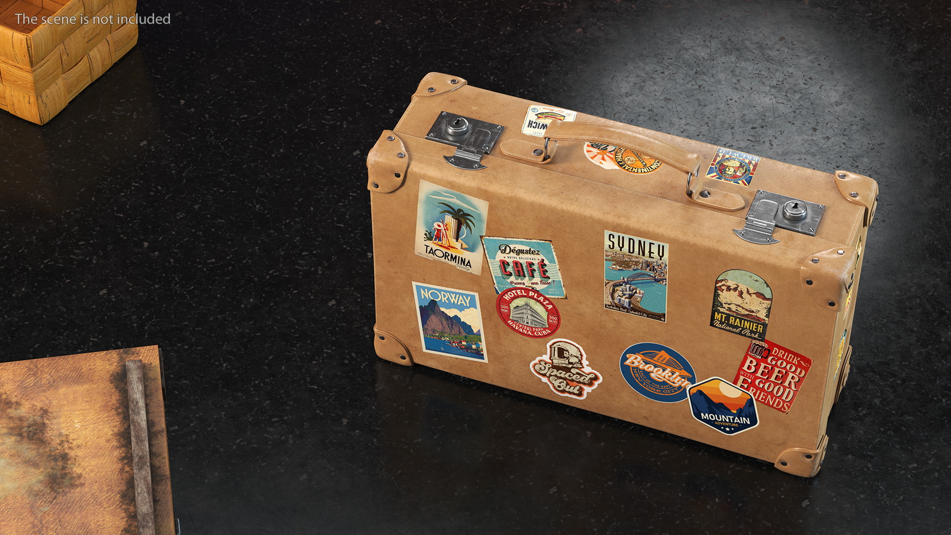 3D Vintage Leather Suitcase Small with Travel Stickers