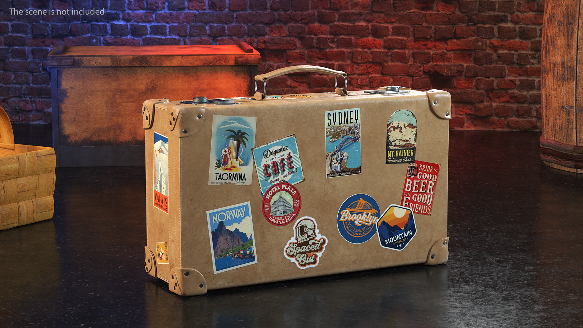 3D Vintage Leather Suitcase Small with Travel Stickers