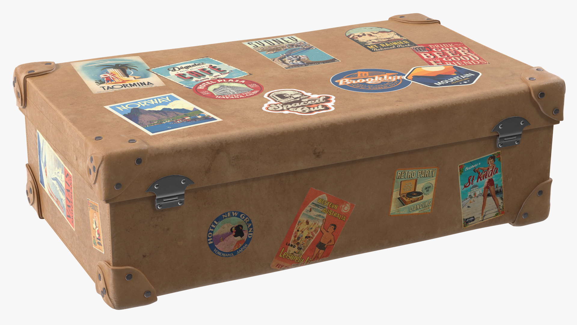 3D Vintage Leather Suitcase Small with Travel Stickers