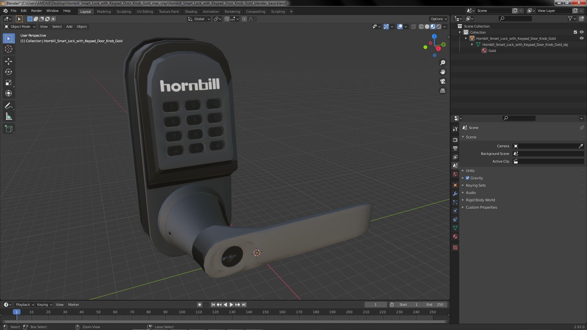 3D Hornbill Smart Lock with Keypad Door Knob Gold