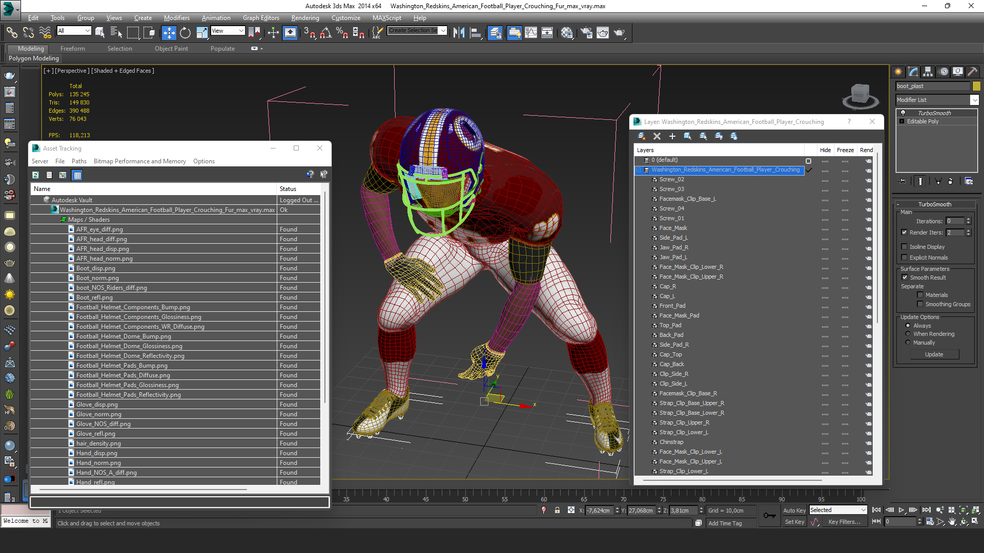 3D Washington Redskins American Football Player Crouching Fur model