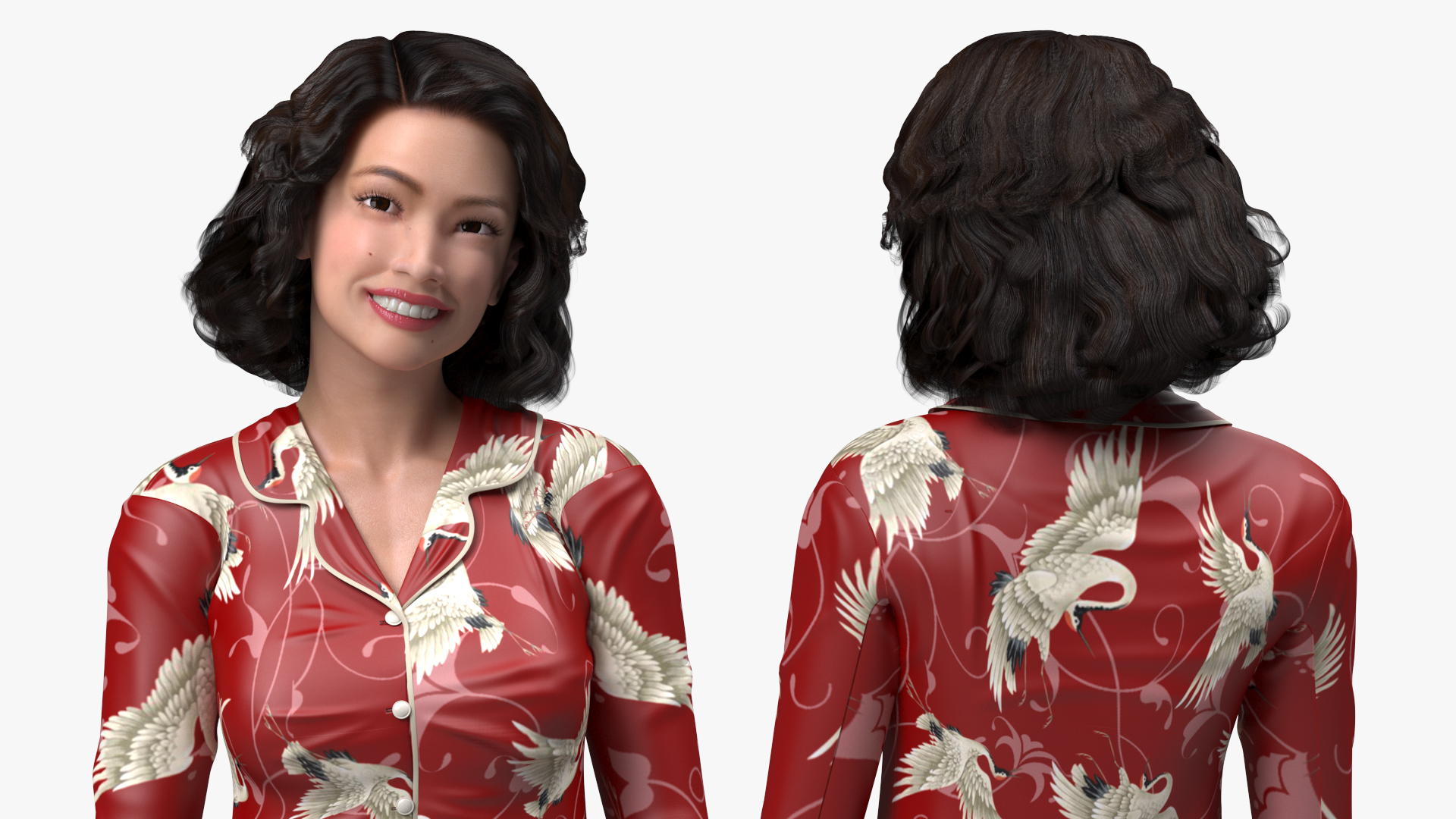 Asian Woman in Satin Pijama 3D