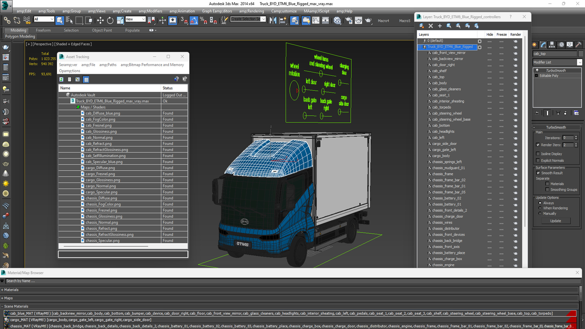 3D model Truck BYD ETM6 Blue Rigged for Maya