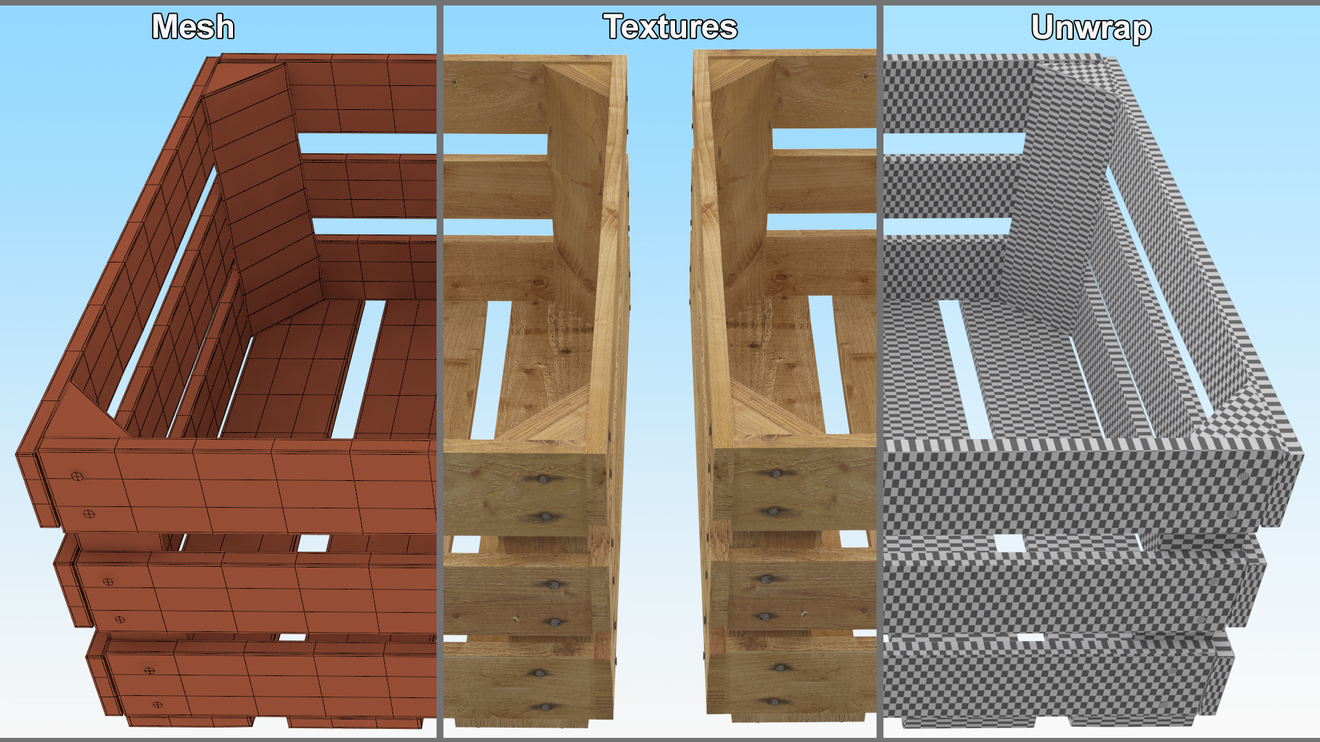 Vintage Wood Open Slat Fruit Crate 3D model