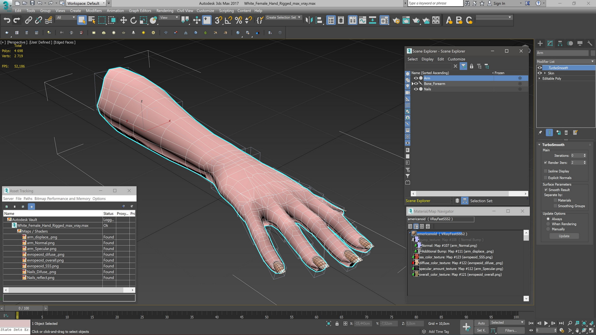 3D White Female Hand Rigged for Maya model