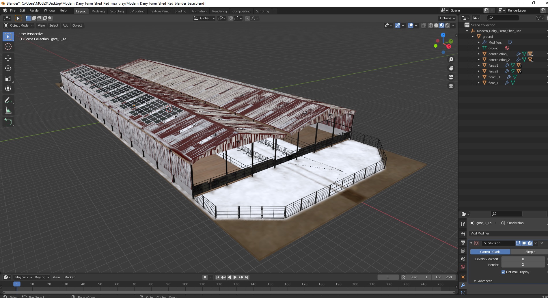 3D Modern Dairy Farm Shed Red