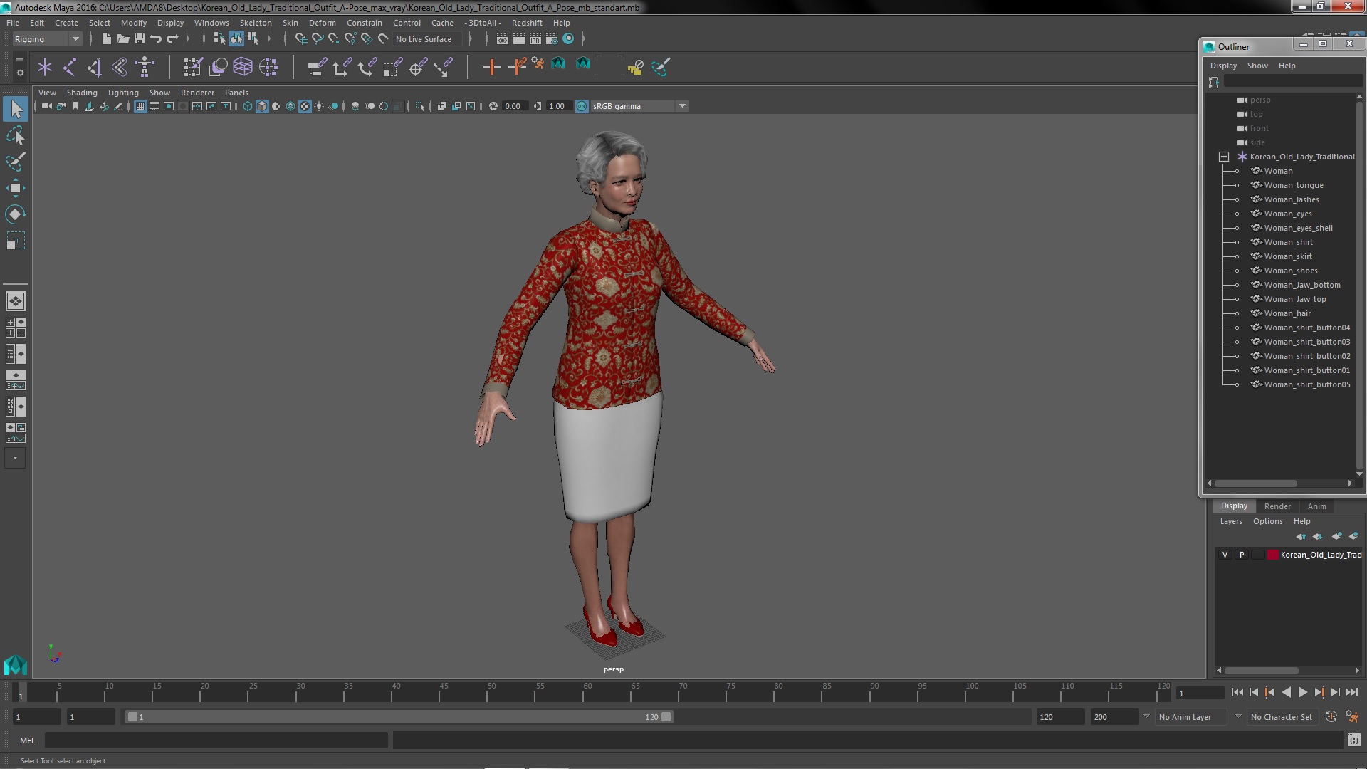 3D Korean Old Lady Traditional Outfit A-Pose