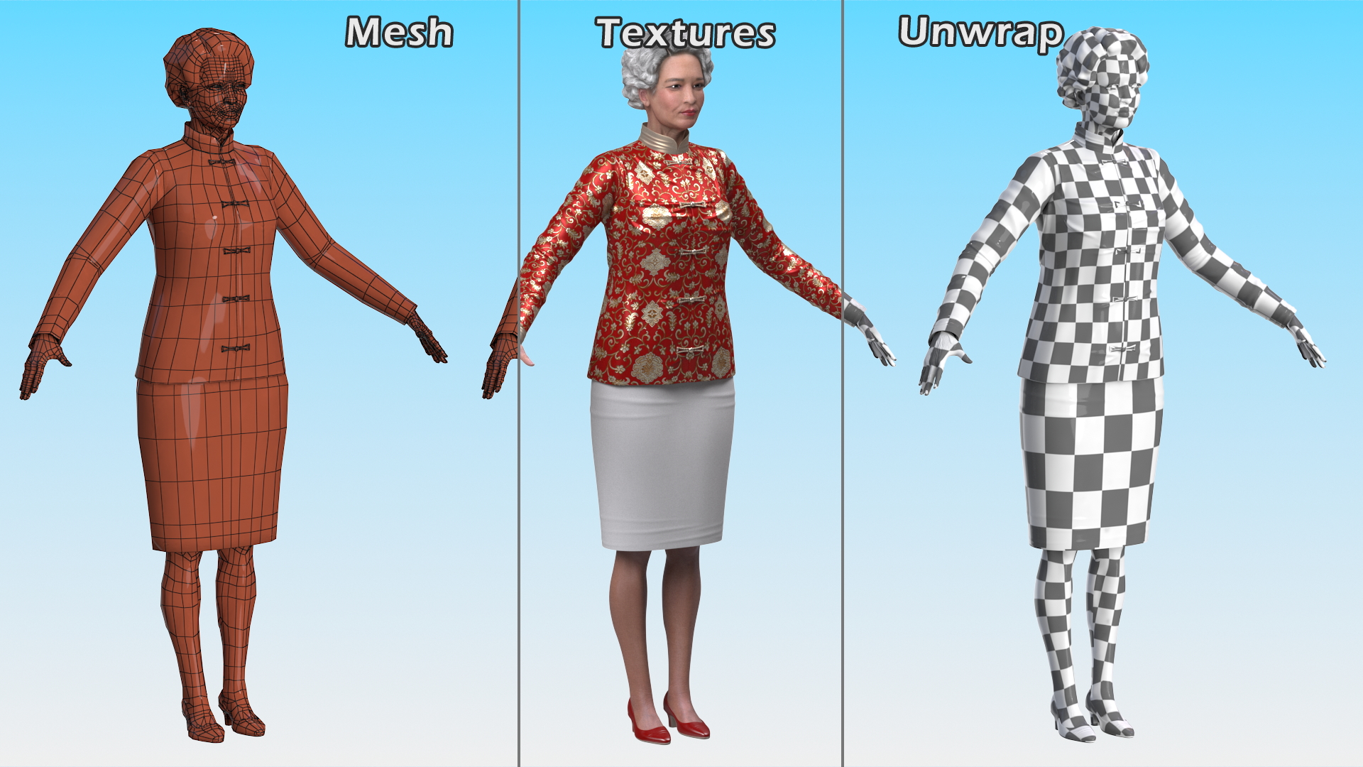 3D Korean Old Lady Traditional Outfit A-Pose