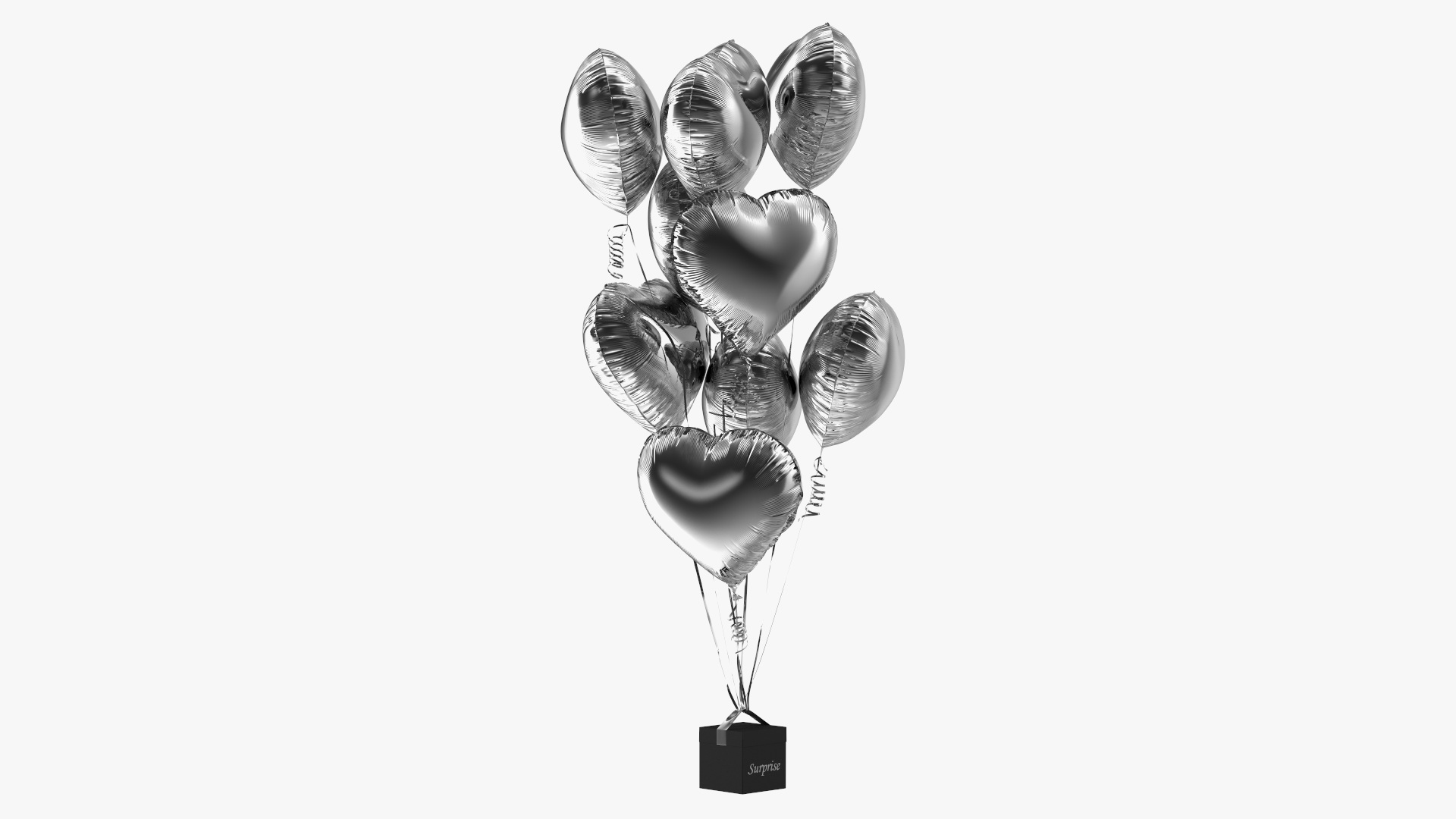 3D model Heart Shaped Silver Balloons Tied to Gift Box