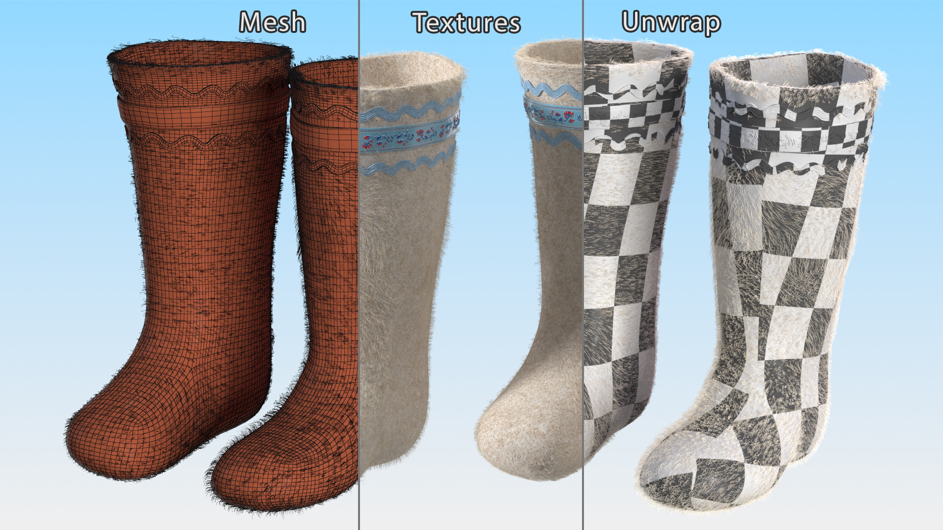 3D Warm White Felt Boots With Embroidery Fur