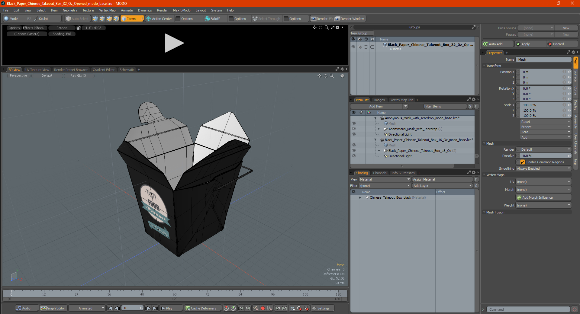 Black Paper Chinese Takeout Box 32 Oz Opened 3D model