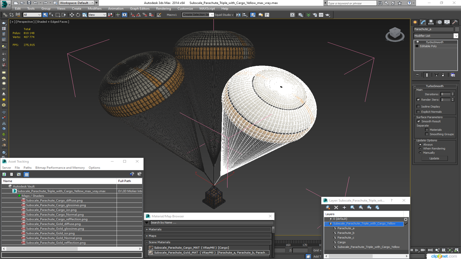 3D Subscale Parachute Triple with Cargo Yellow model