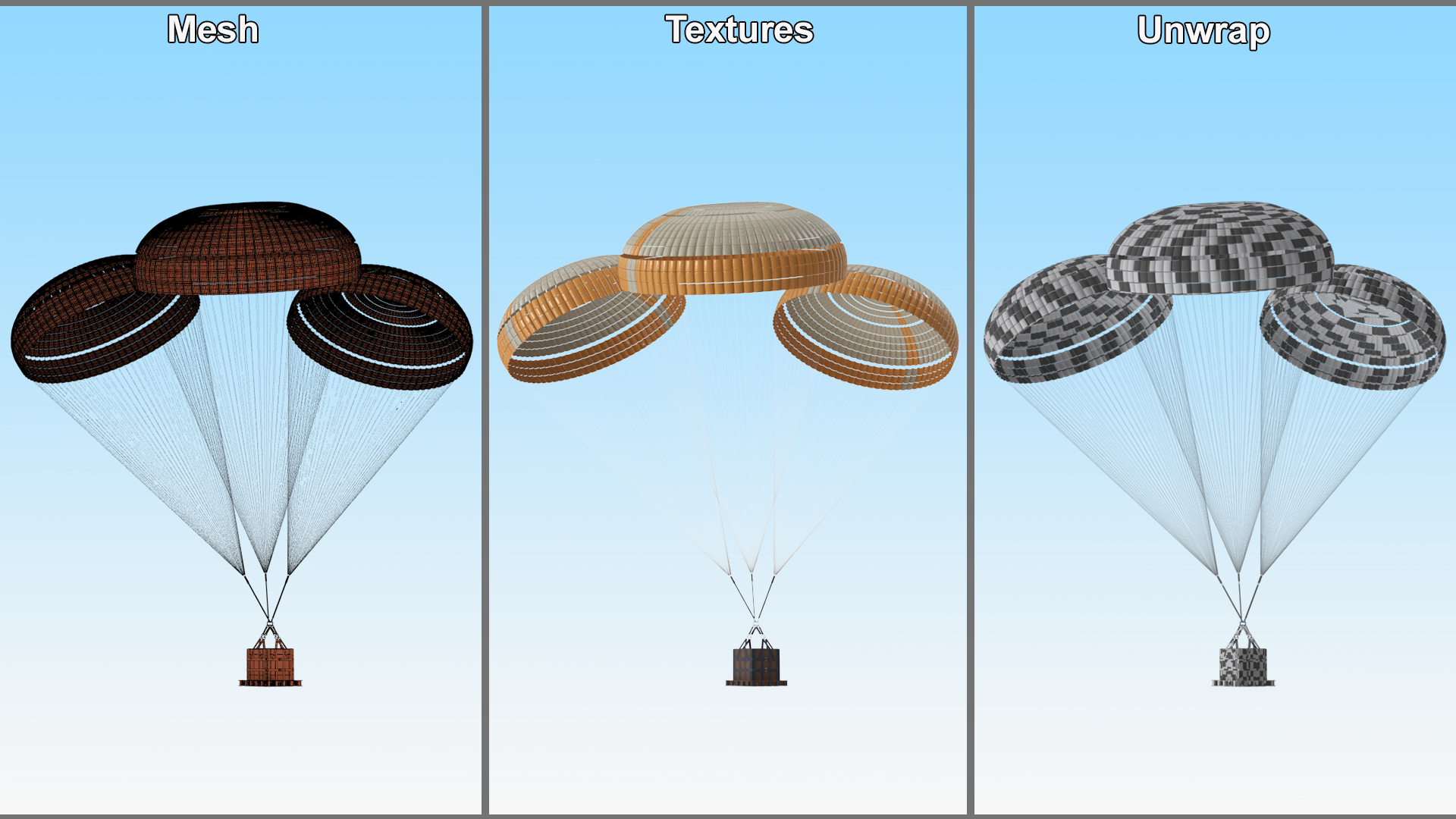 3D Subscale Parachute Triple with Cargo Yellow model