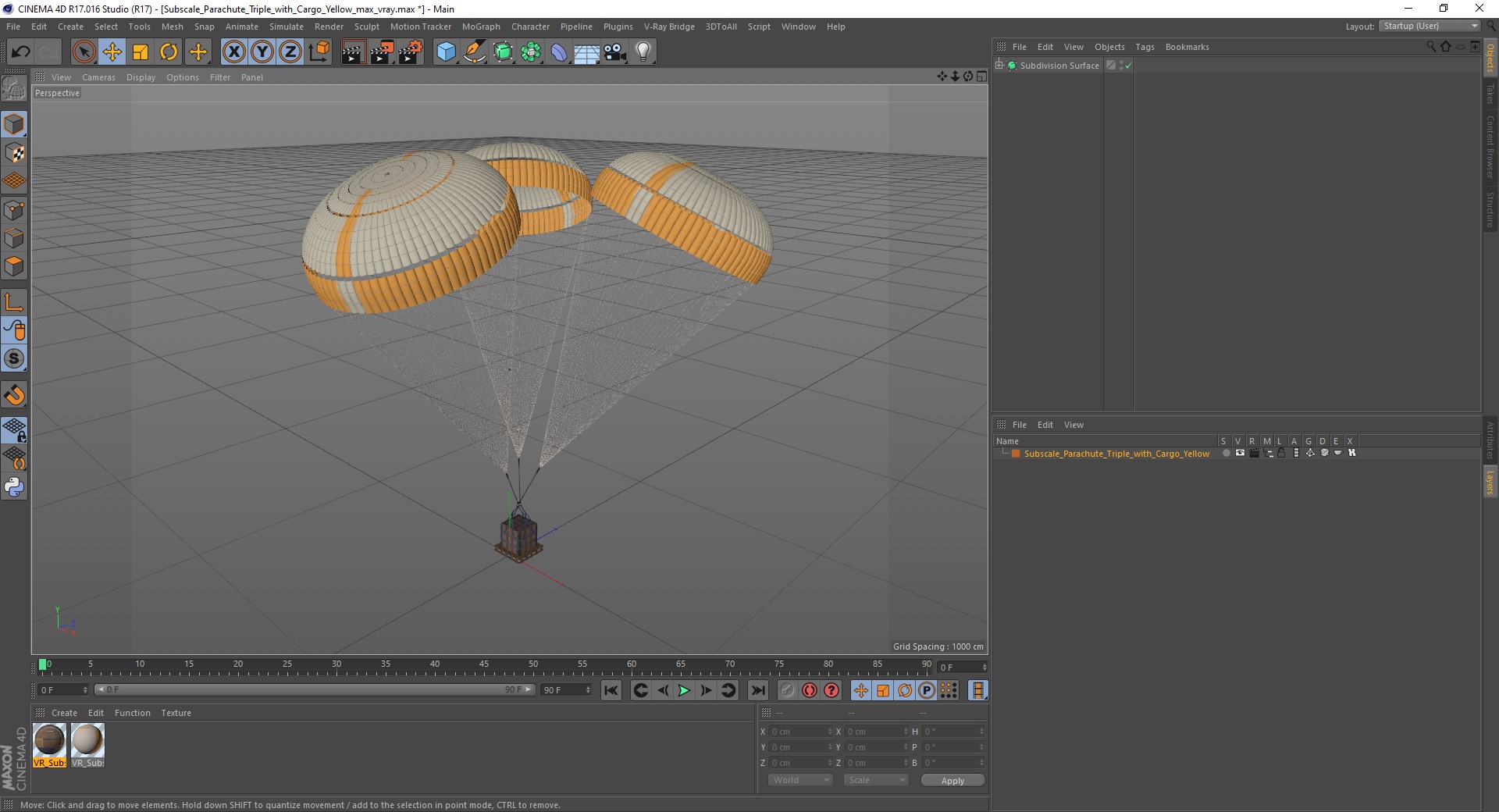 3D Subscale Parachute Triple with Cargo Yellow model