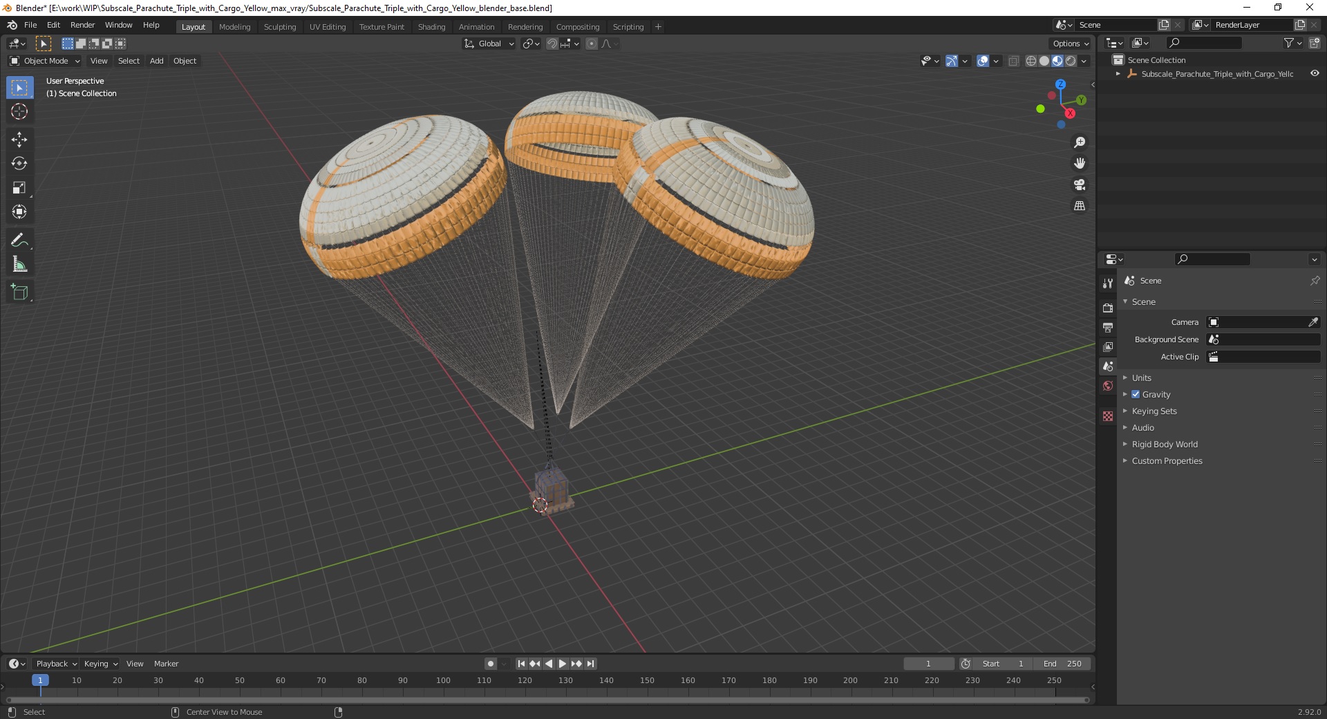 3D Subscale Parachute Triple with Cargo Yellow model