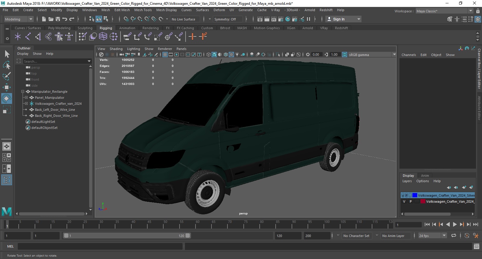 3D model Volkswagen Crafter Van 2024 Green Color Rigged for Maya